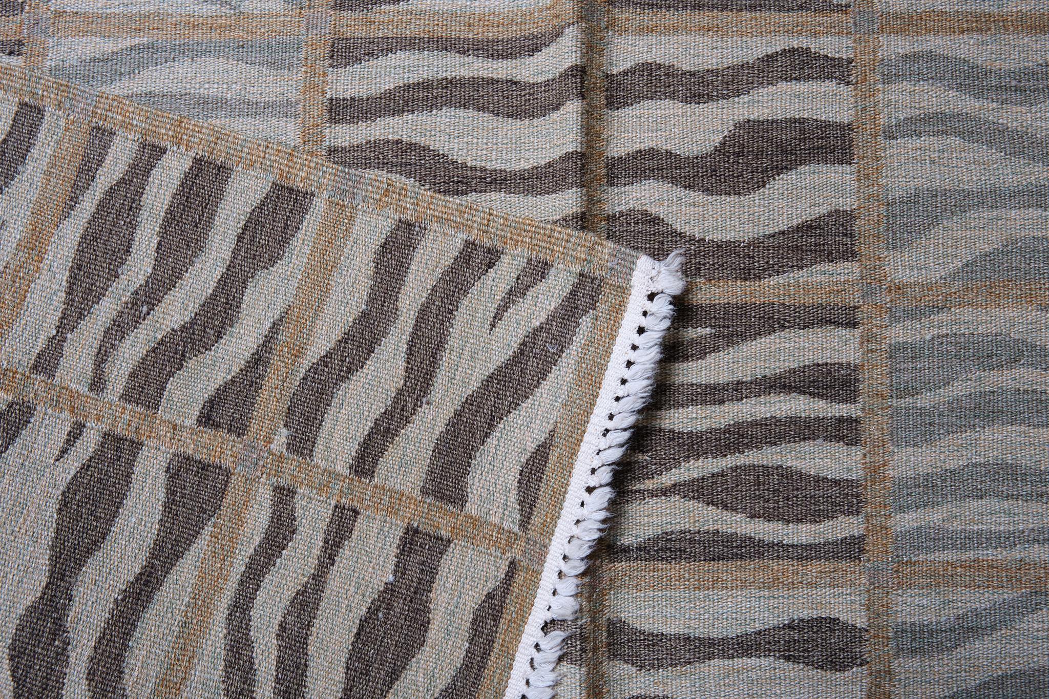 Turkish Ararat Rugs Collection, Modern Flatwoven Kilim Rug, Brown & Beige Zebra Carpet For Sale