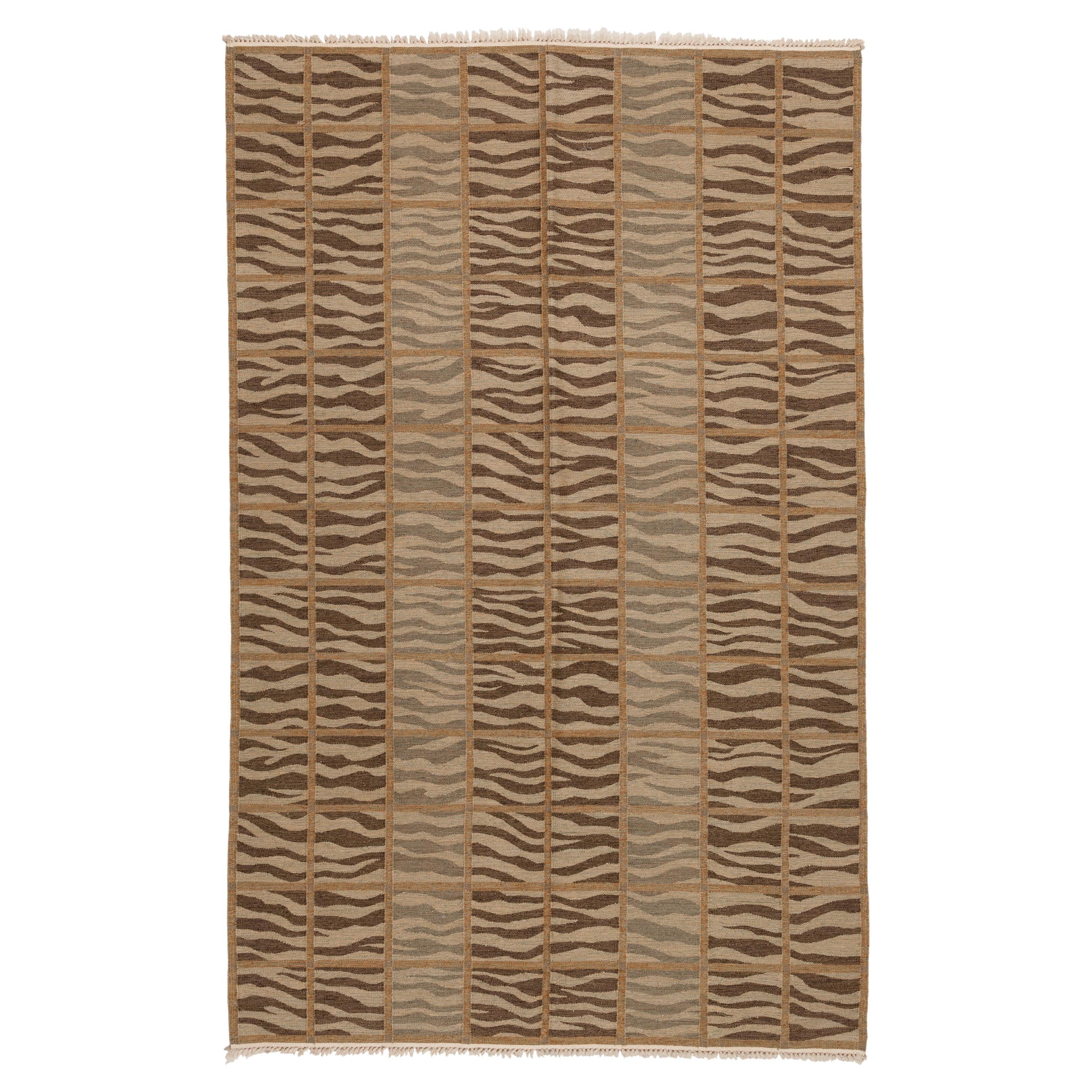 Ararat Rugs Collection, Modern Flatwoven Kilim Rug, Brown & Beige Zebra Carpet