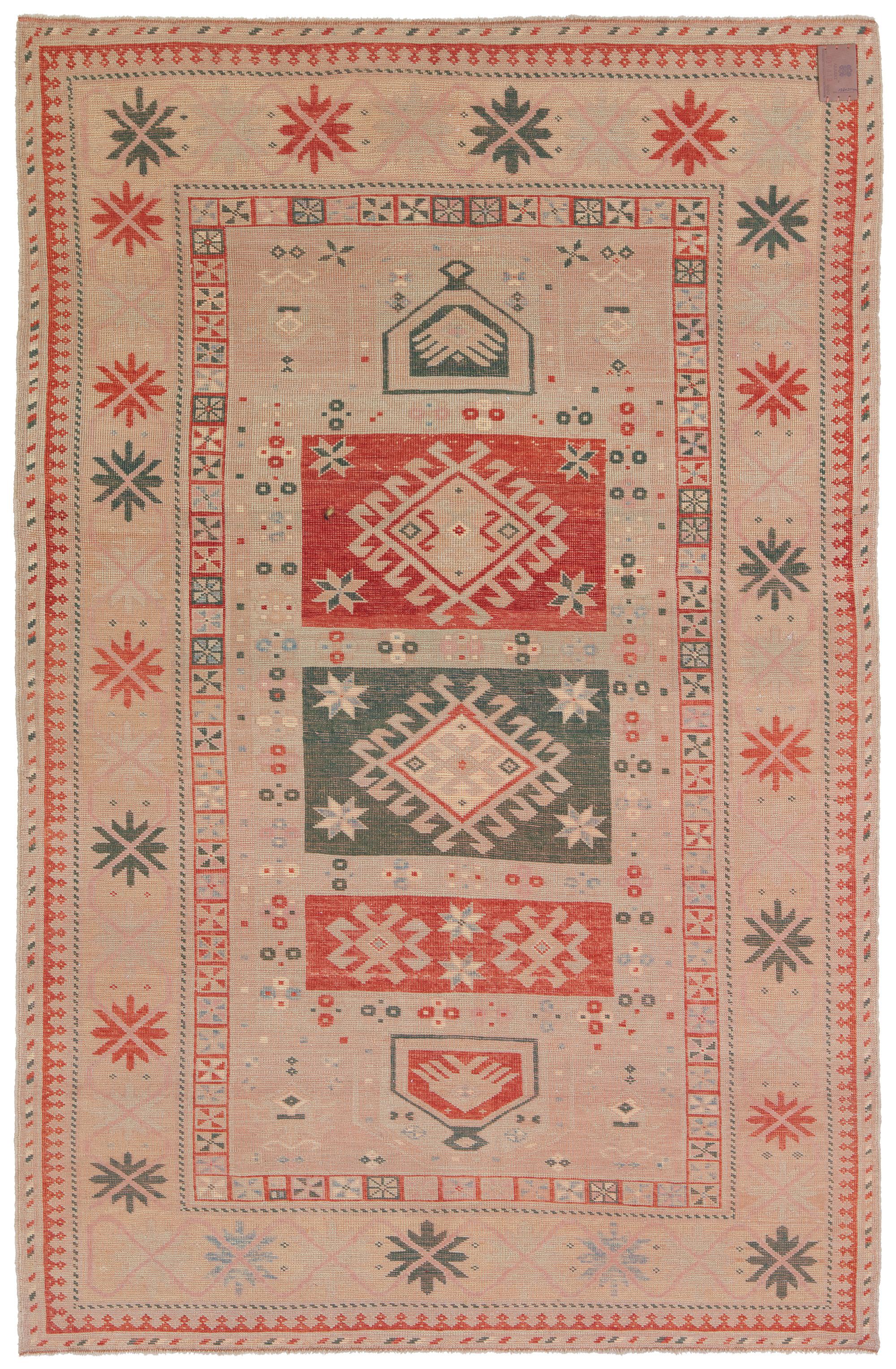 The source of the rug comes from the book Tapis du Caucase – Rugs of the Caucasus, Ian Bennett & Aziz Bassoul, The Nicholas Sursock Museum, Beirut, Lebanon 2003, nr.46. This is a double migrab prayer rug from the late 19th century, Genje ( Gendje )