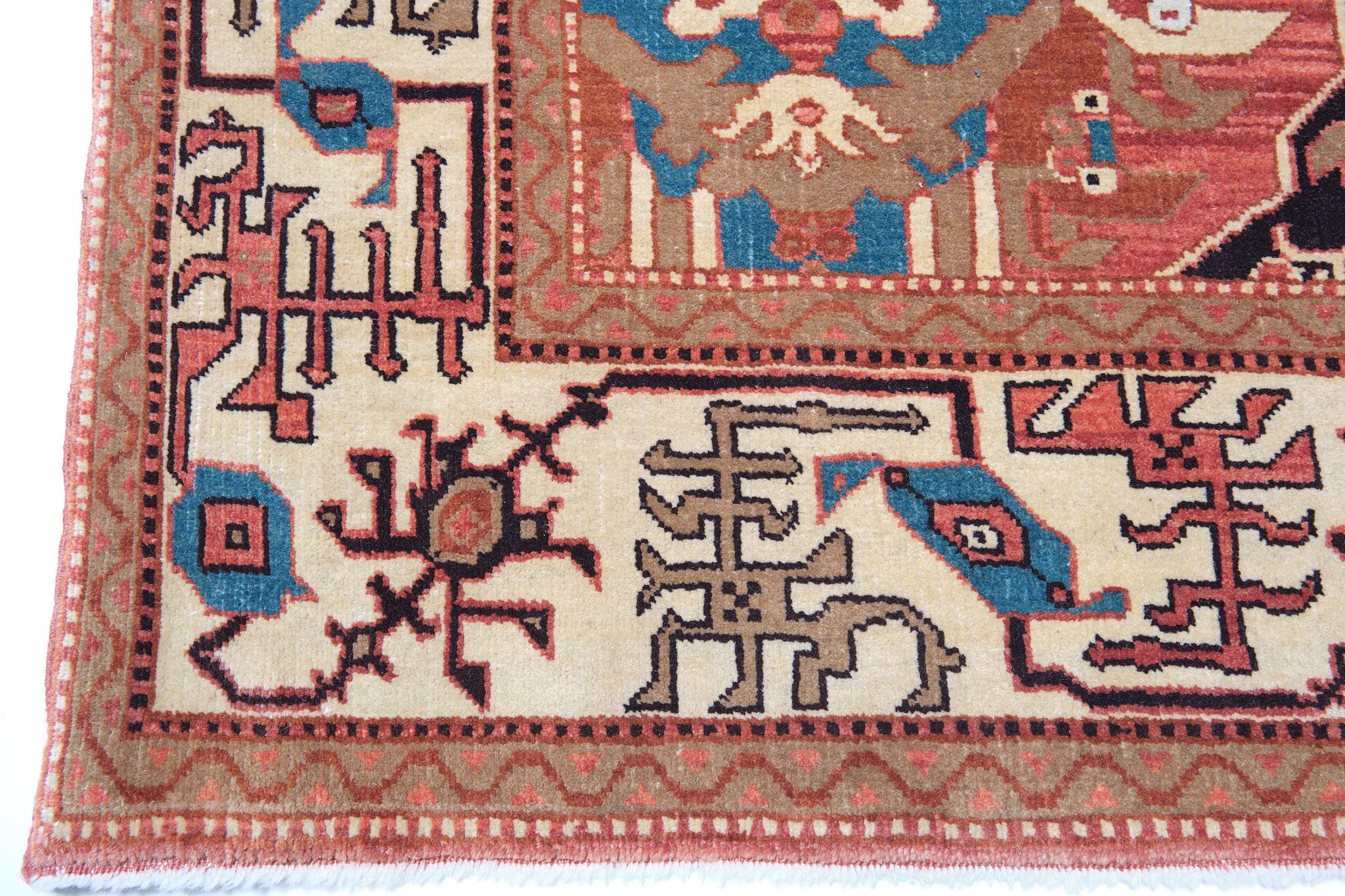 The source of the rug comes from the book Caucasian Carpets, E. Gans-Reudin, Thames and Hudson, Switzerland 1986, pg.37. This luxurious and varied work is known as the Cassirer dragon rug’ from the name of its previous owner. It is examined in great