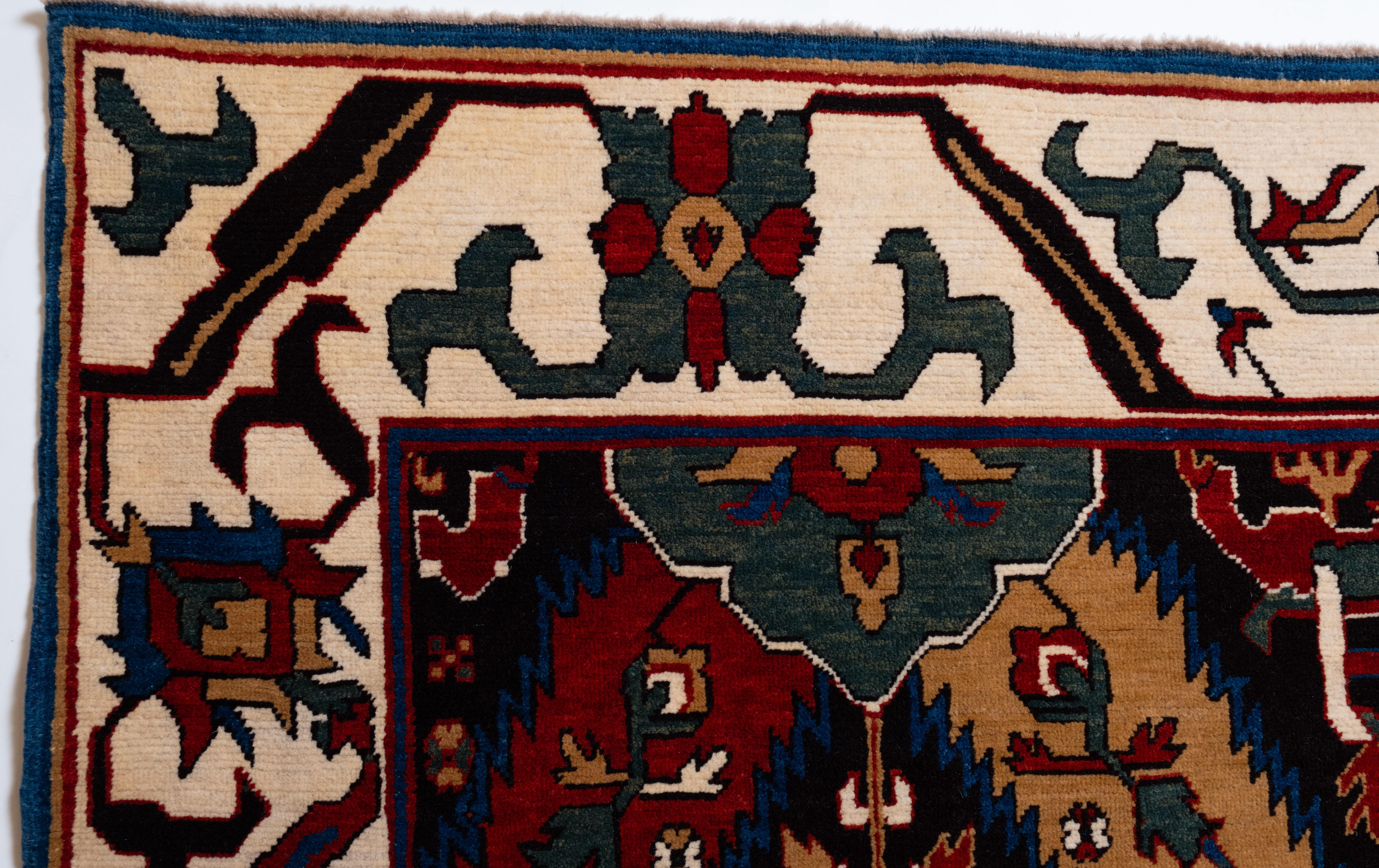 The source of the rug comes from the book Caucasian Carpets, E. Gans-Reudin, Thames and Hudson, Switzerland 1986, pg.37. This luxurious and varied work is known as the Cassirer dragon rug' from the name of its previous owner. It is examined in great