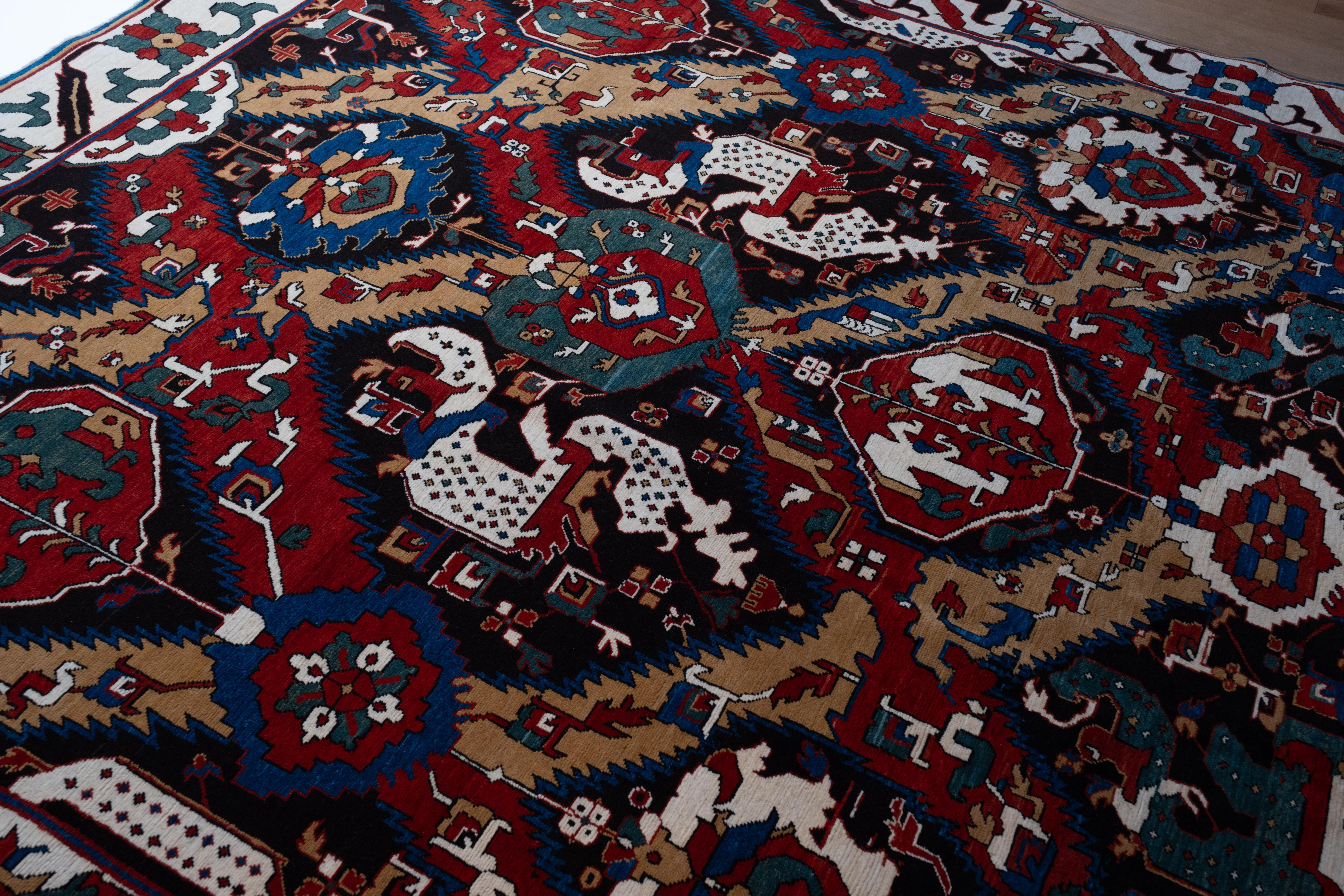 Turc Ararat Rugs Tapis Dragon, Antique Revival Museum Caucasus Carpet, Natural Dyed en vente