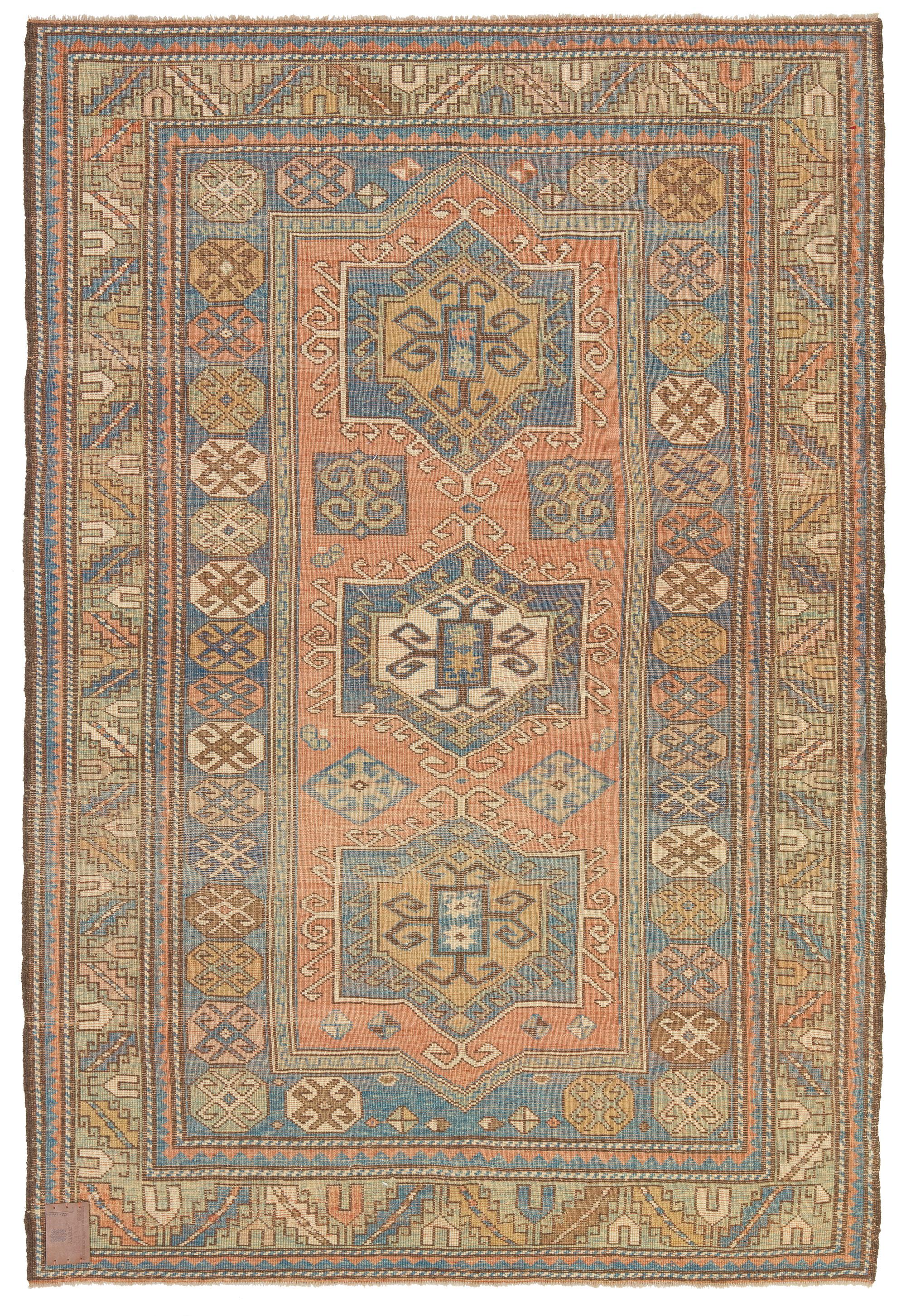 This is another Kazak example of the Fachralo, a town north of Lori-Pambak and just southwest of Bordjalou, from the late 19th-century, Caucasus area. It has given its name to a number of usually small, boldly designed, and brilliantly colored Kazak