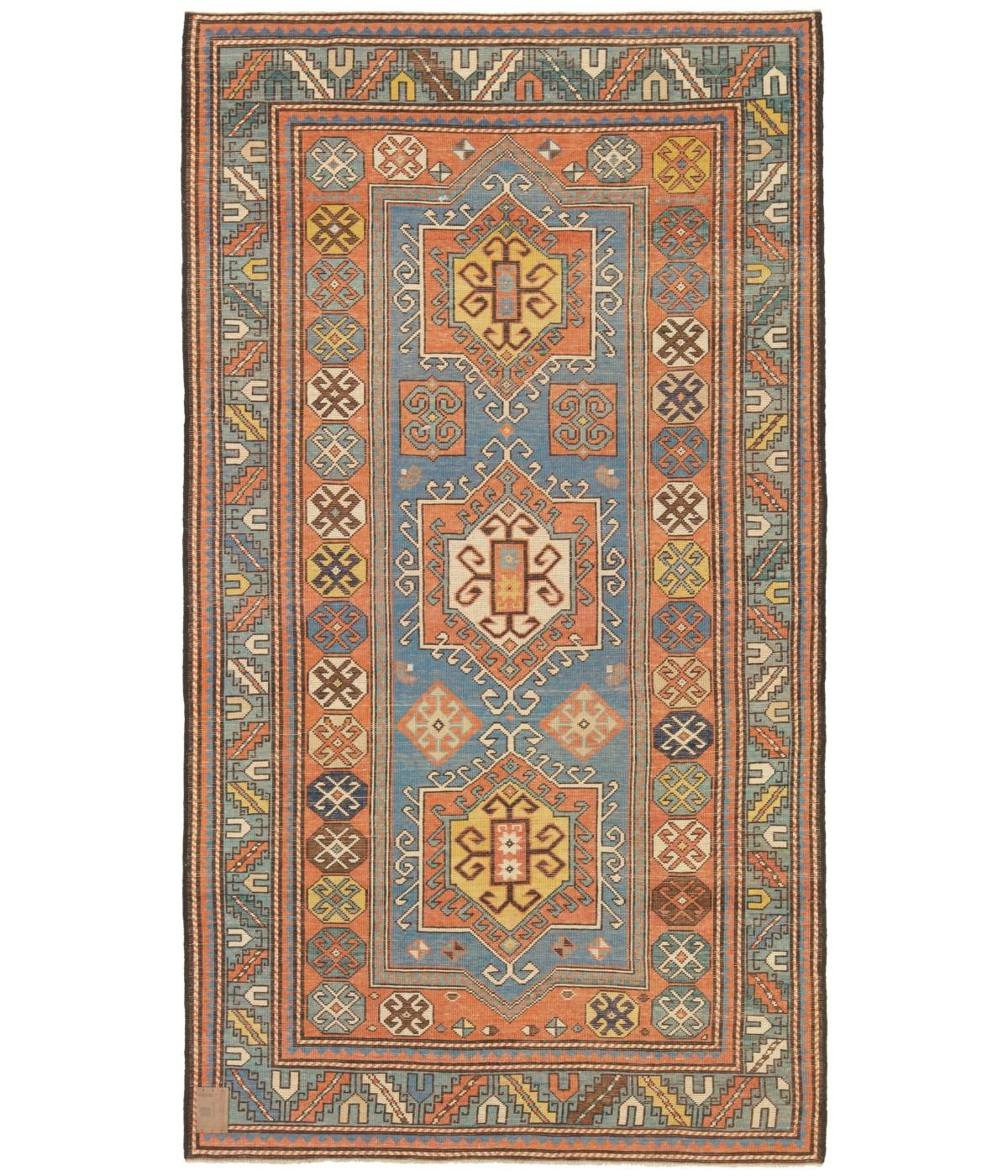 This is another Kazak example of the Fachralo a town north of Lori-Pambak and just southwest of Bordjalou, from the late 19th-century, Caucasus area. It has given its name to a number of usually small, boldly designed, and brilliantly colored Kazak
