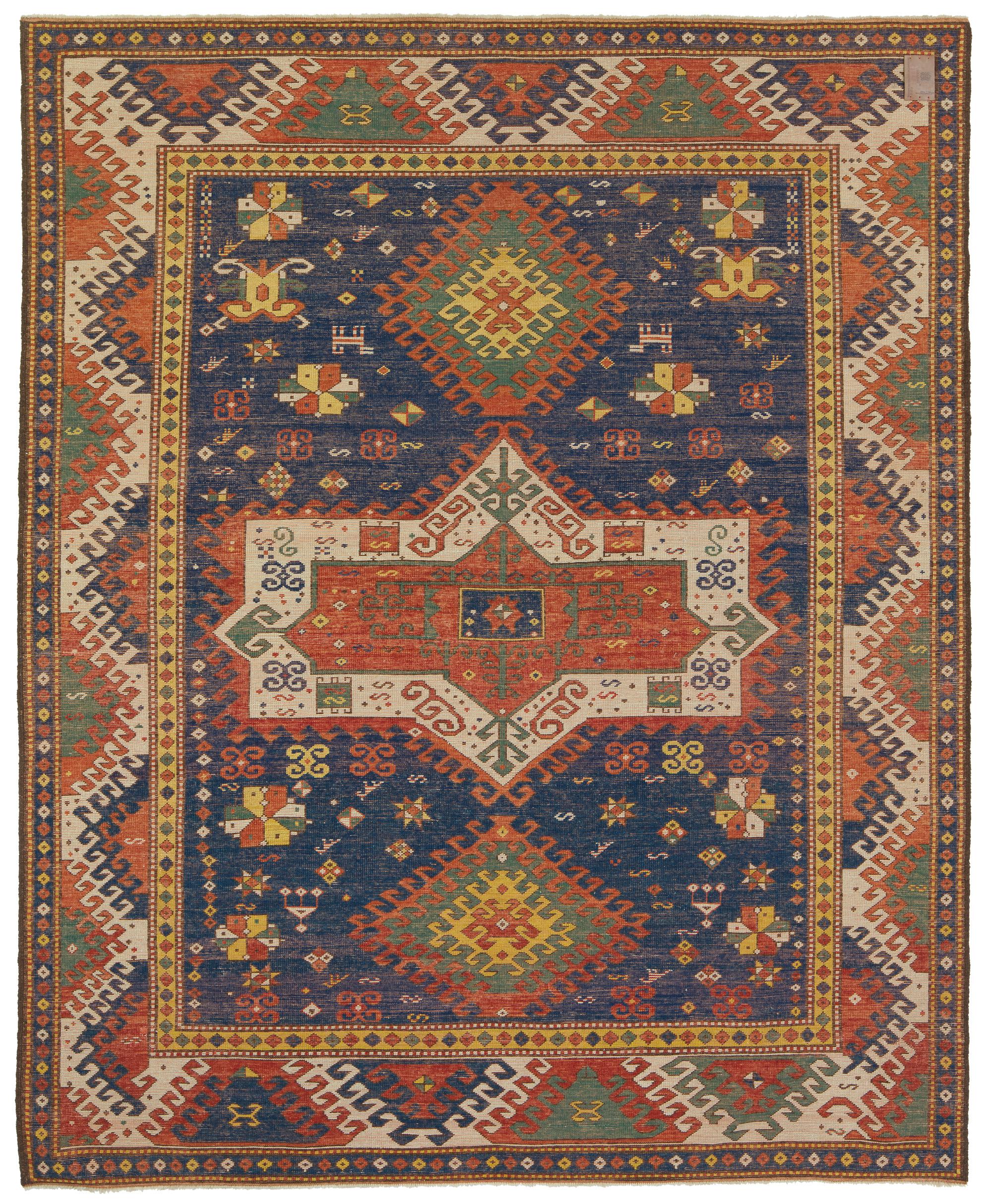 This is another Kazak example of the Fachralo a town north of Lori-Pambak and just southwest of Bordjalou, from the late 19th century, Caucasus area. It has given its name to a number of usually small, boldly designed, and brilliantly colored Kazak