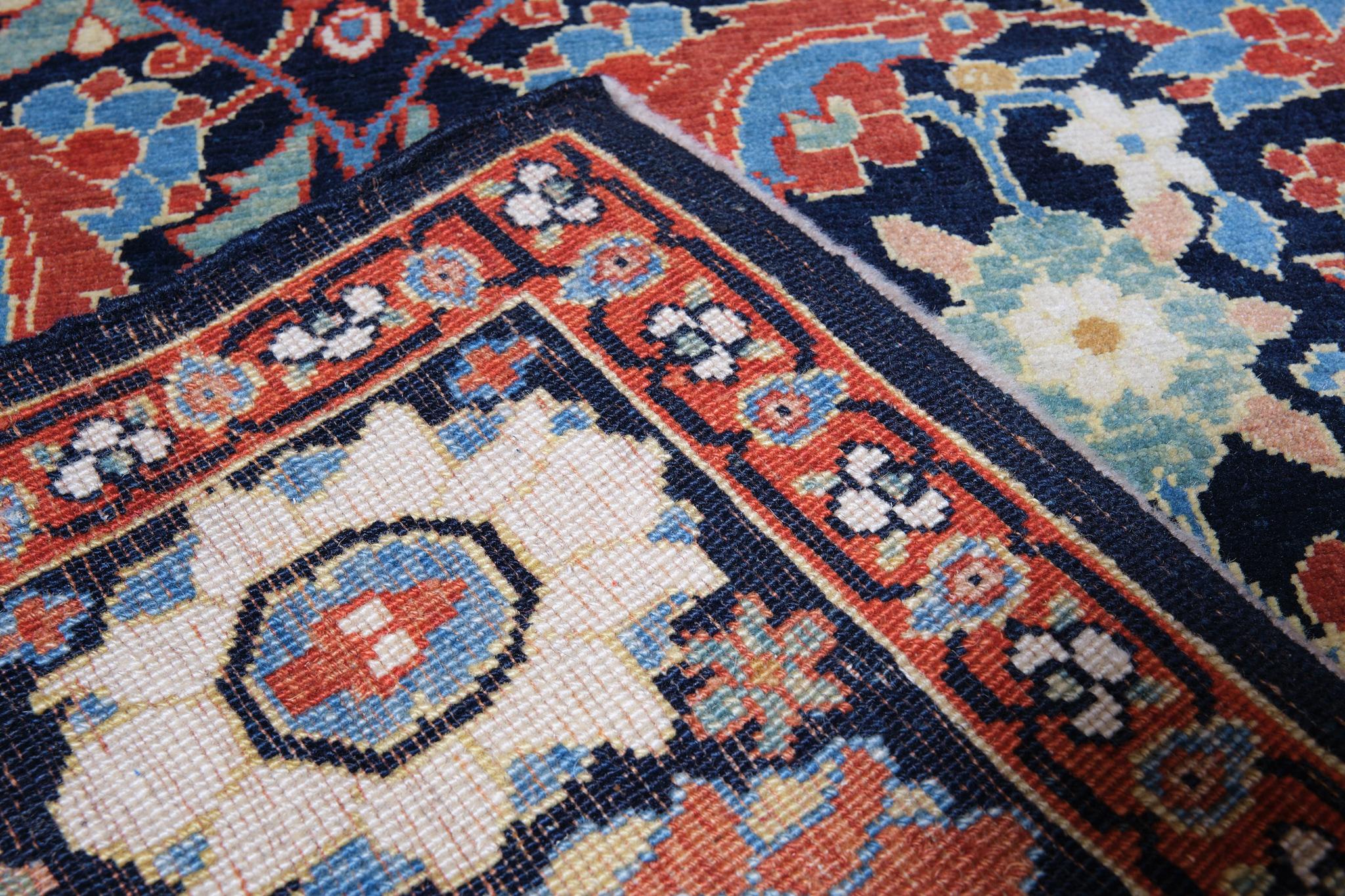 The source of the rug comes from the book Antique Rugs of Kurdistan A Historical Legacy of Woven Art, James D. Burns, 2002 nr.31. This blue background rug has a variation of Masi Awita (fish around the lotus) pattern from Senna, Eastern Kurdistan