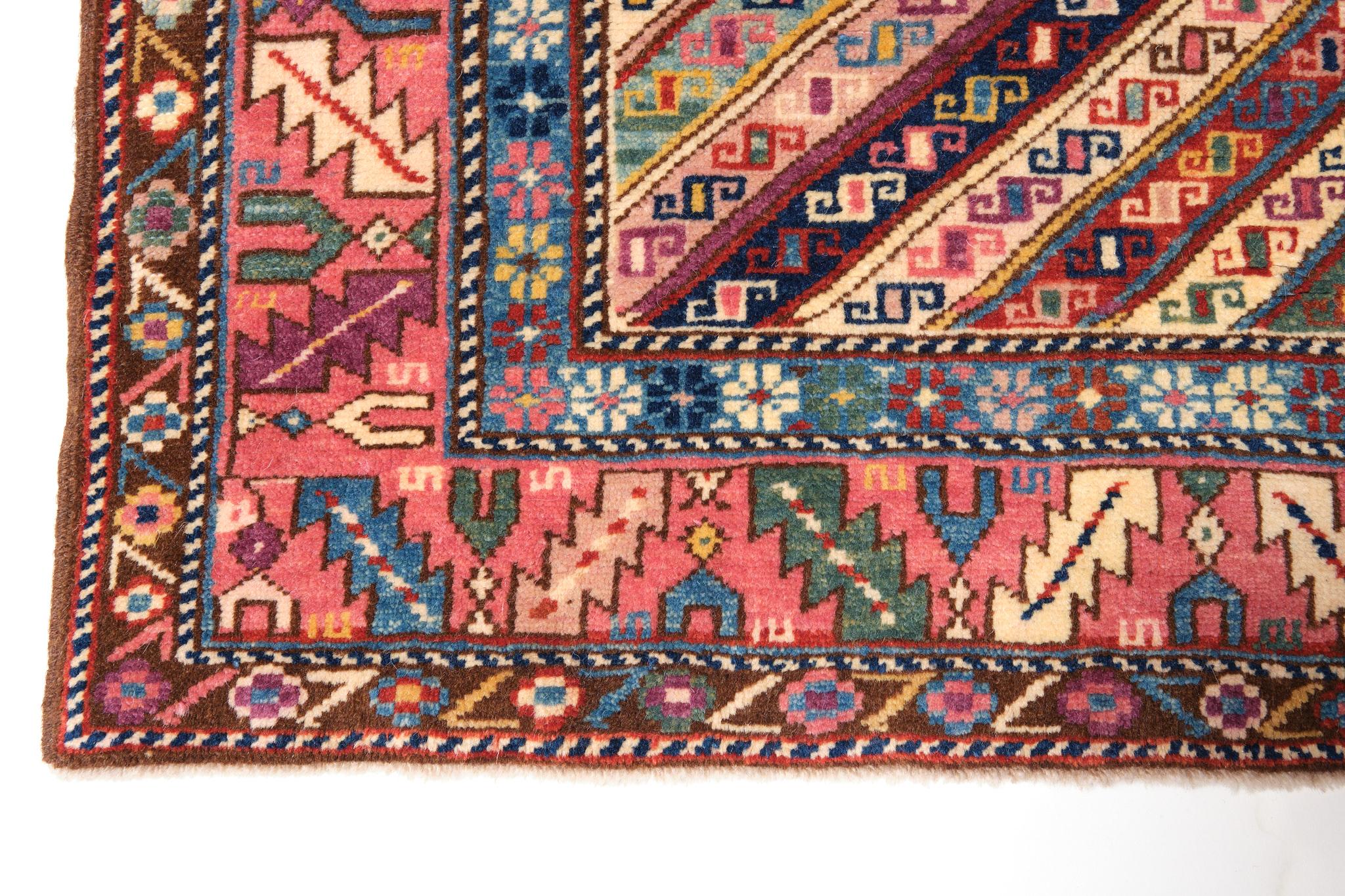 Turkish Ararat Rugs Genje Rug with Diagonal Stripes Antique Caucasian Revival Carpet For Sale