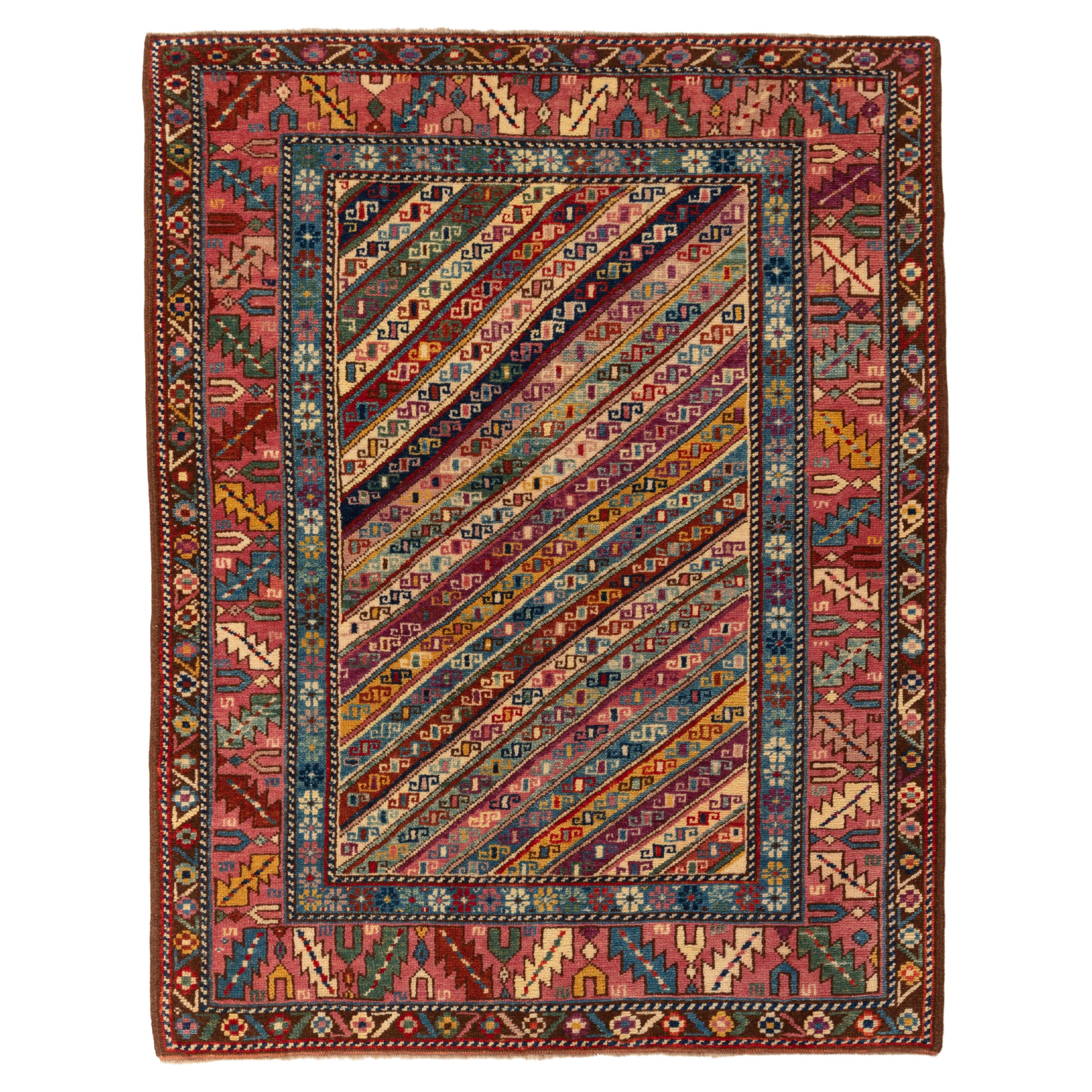 Ararat Rugs Genje Rug with Diagonal Stripes Antique Caucasian Revival Carpet For Sale