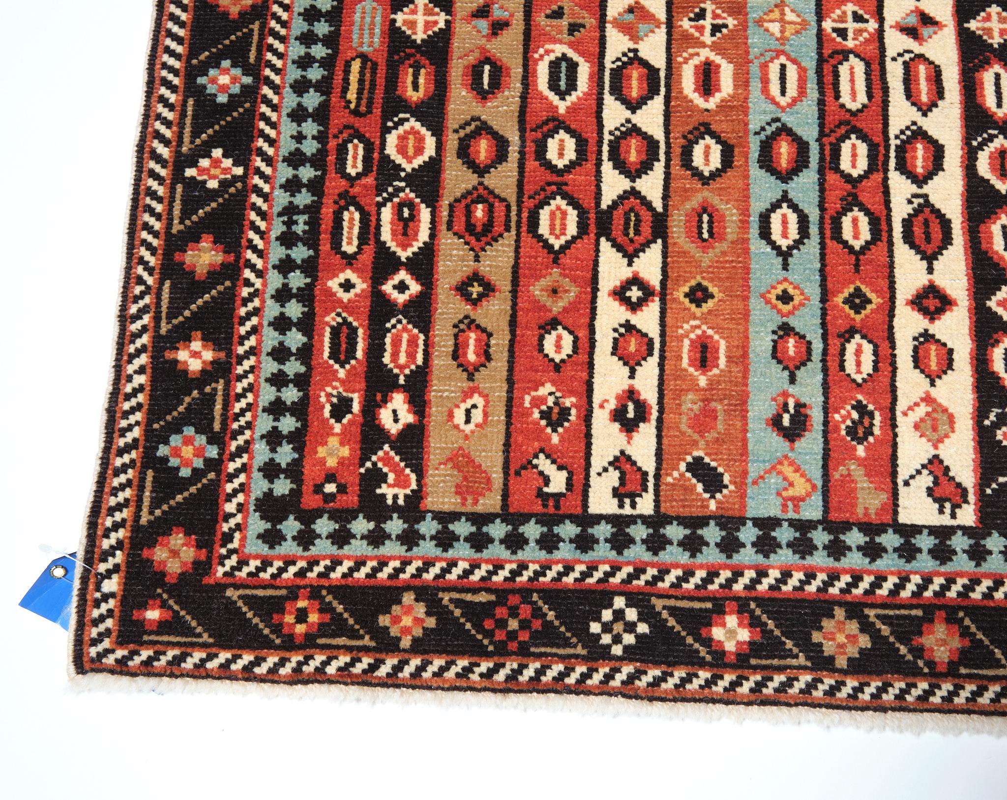 The source of the rug comes from the book Oriental Rugs Volume 1 Caucasian, Ian Bennett, Oriental Textile Press, Aberdeen 1993, nr.110. A related example dated 1280 A.H. (A.D. 1863) is illustrated by Peter Bausback in his Antike Orientteppiche, 1978