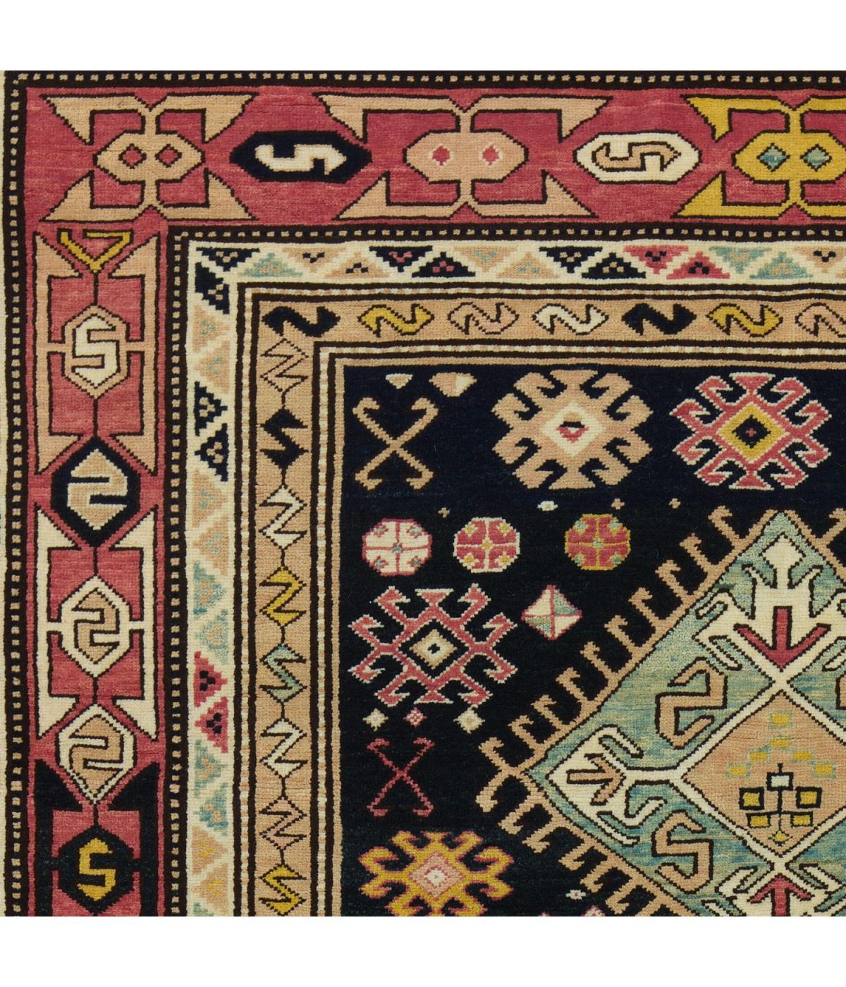 Revival Ararat Rugs Kazak Rug with Hooked Medallions, Caucasian Carpet, Natural Dyed For Sale