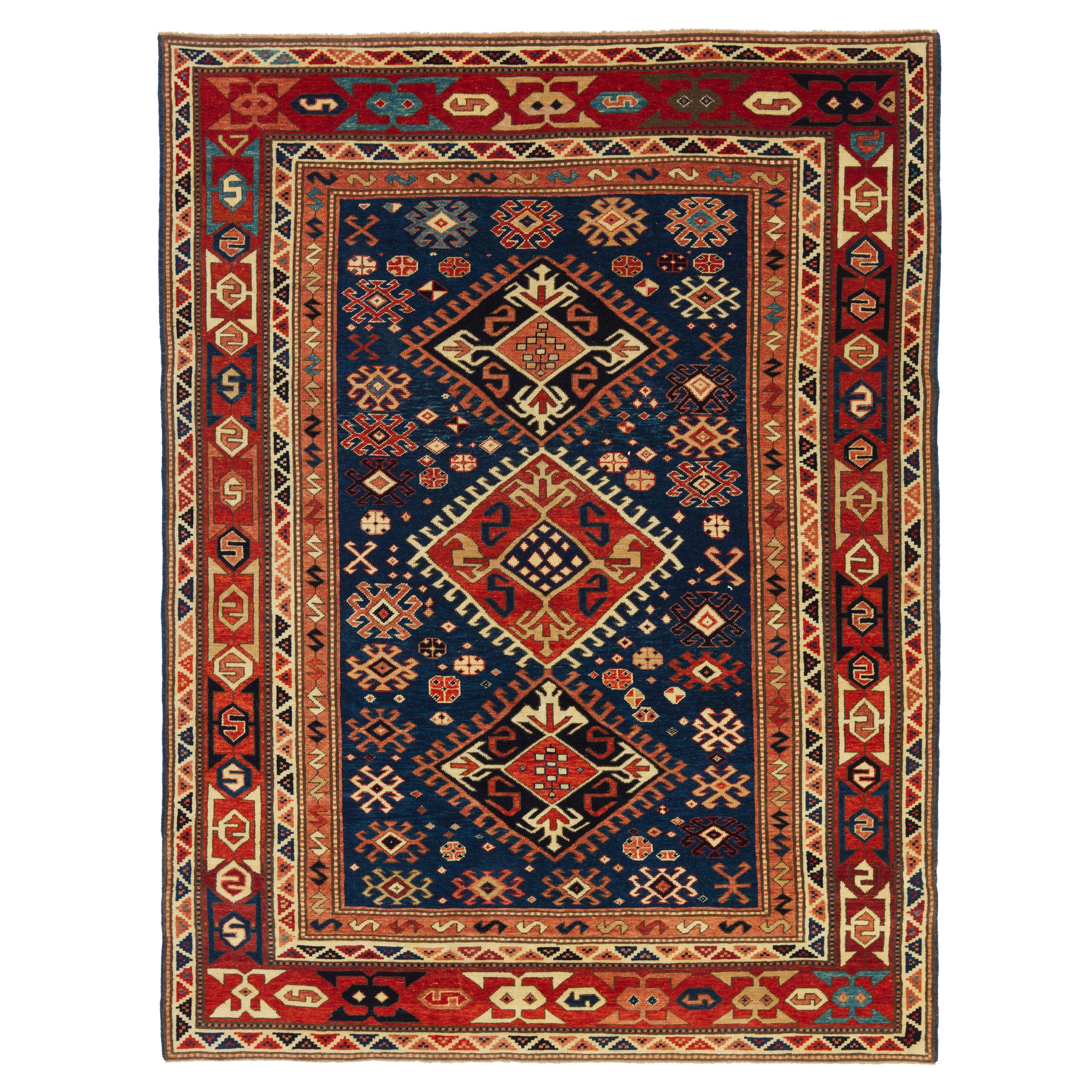 Ararat Rugs Kazak Rug with Hooked Medallions, Caucasian Carpet, Natural Dyed For Sale