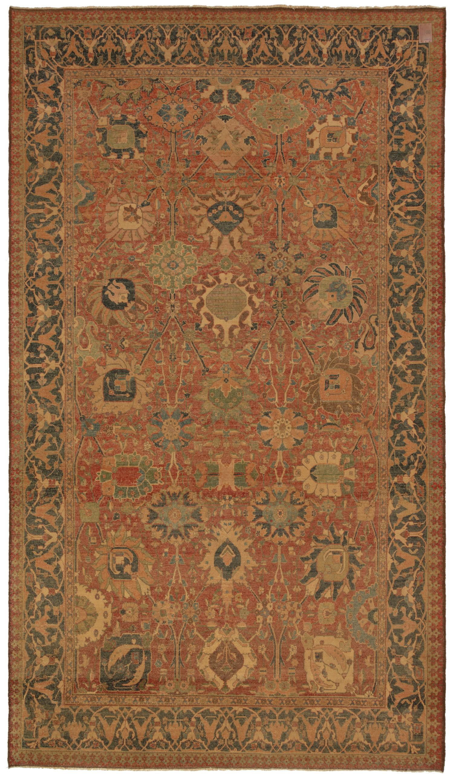 The design source of the carpet comes from the book by Dimand, Maurice S., and Jean Mailey. Oriental Rugs in the Metropolitan Museum of Art. New York: The Metropolitan Museum of Art, 1973. no. 38, p. 110, ill. This is a vase technique with rows of