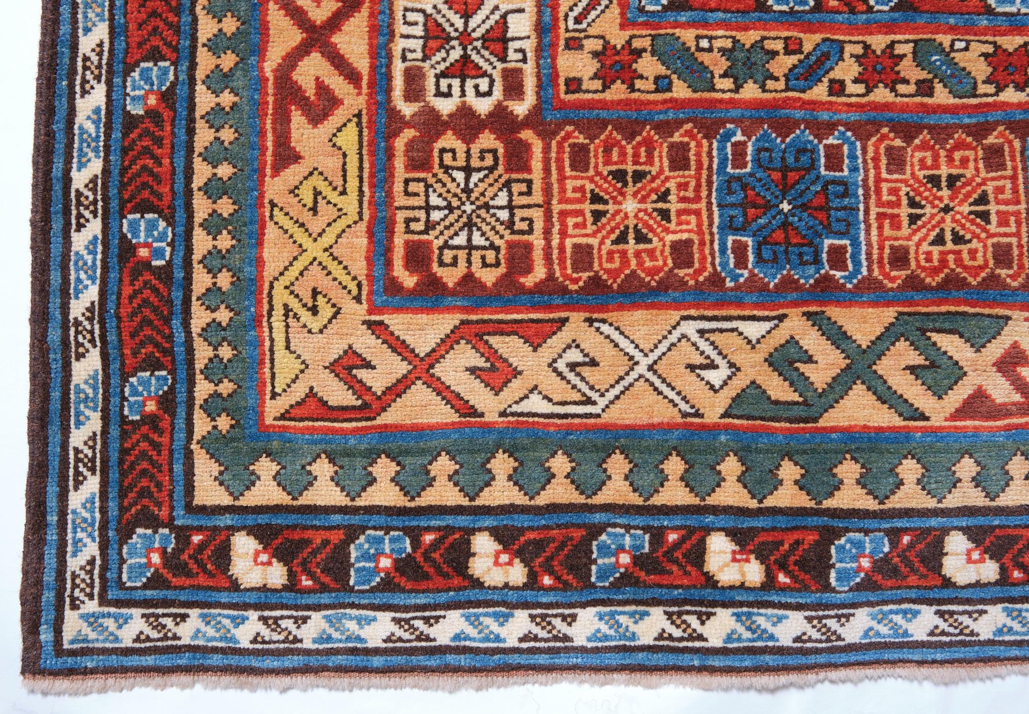 The source of the rug comes from the book Oriental Rugs Volume 1 Caucasian, Ian Bennett, Oriental Textile Press, Aberdeen 1993, nr.332. This is a spectacular example of the Konagkend type rug in the late 19th century in the Kuba region, Caucasus.