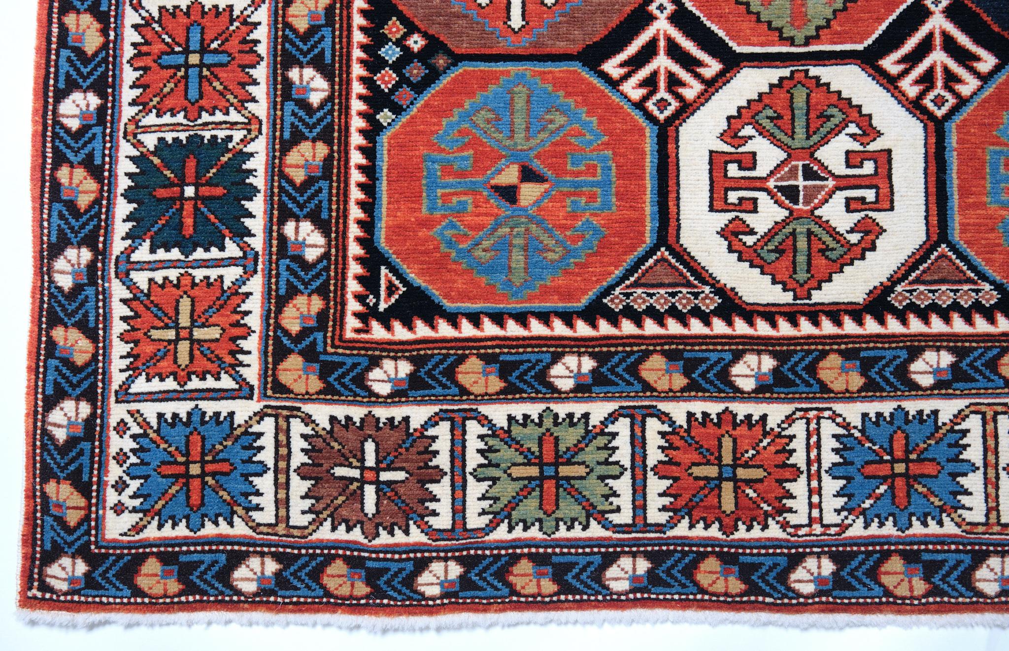 The source of rug comes from the book Tapis du Caucase – Rugs of the Caucasus, Ian Bennett & Aziz Bassoul, The Nicholas Sursock Museum, Beirut, Lebanon 2003, nr.79. This is a very colorful, dramatic, and unusual design rug from the late 19th