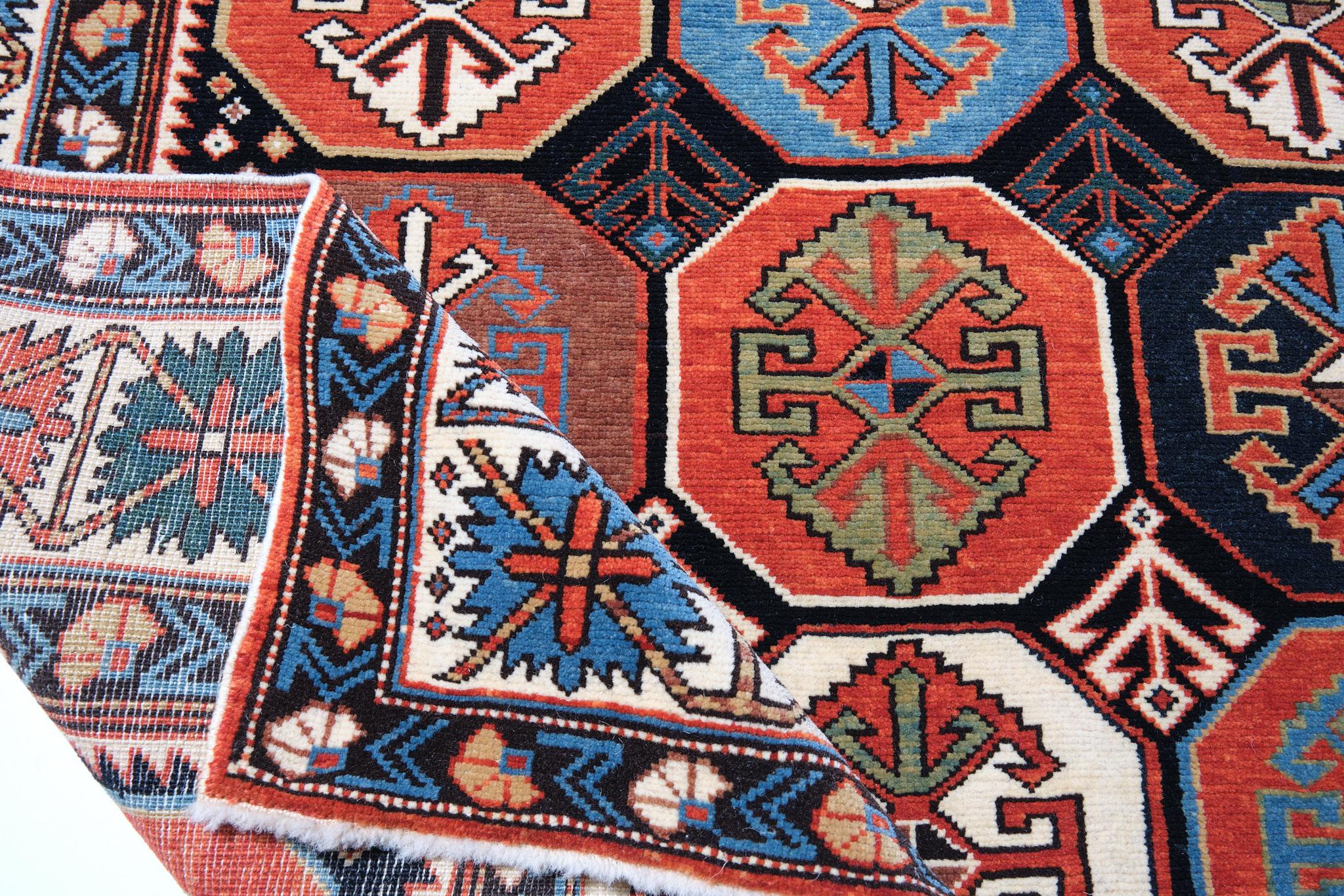Vegetable Dyed Ararat Rugs Kuba Rug with Octagons Caucasian 19th C. Revival Rug, Natural Dyed For Sale