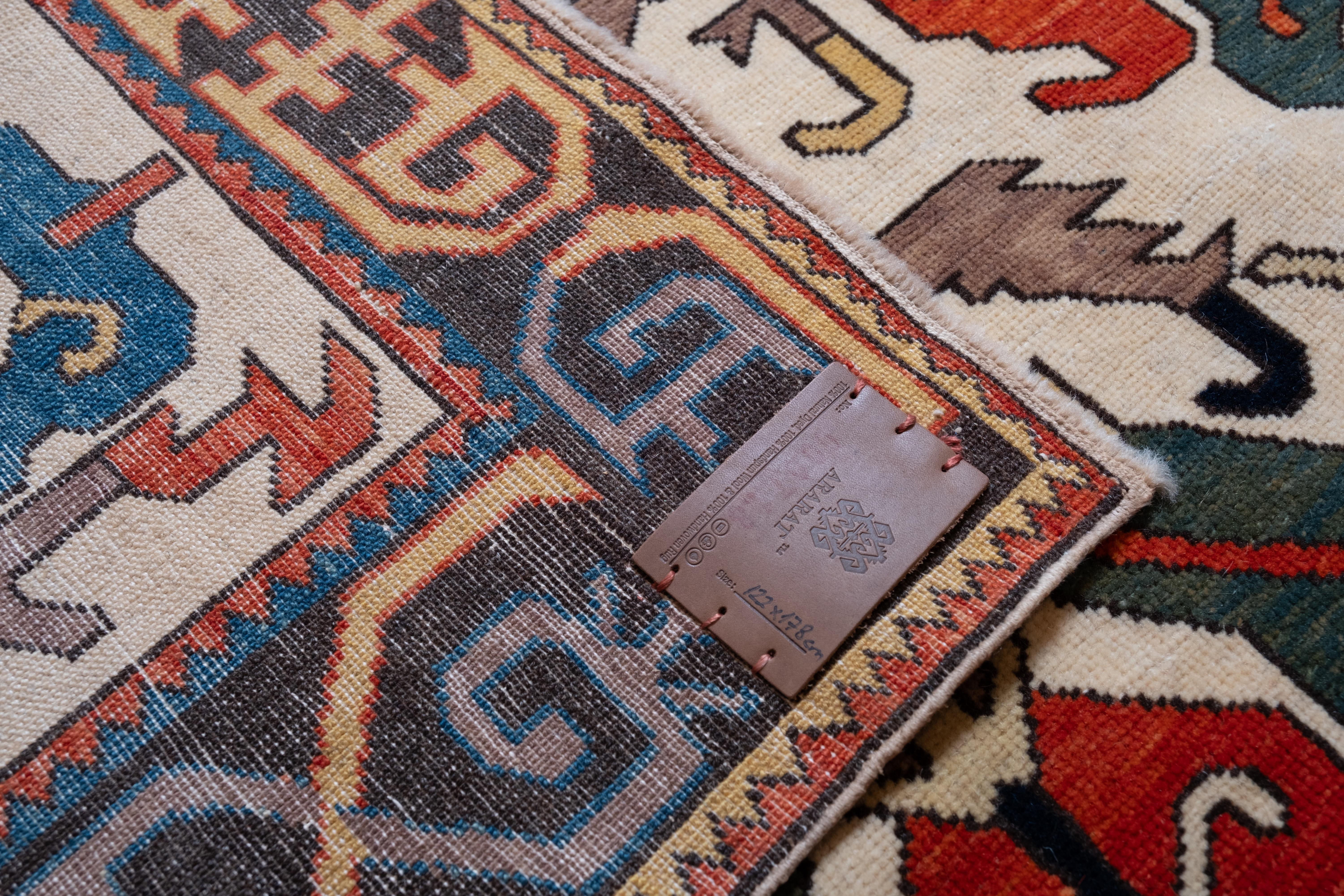 Wool Ararat Rugs Kuba Rug with Palmettes Caucasian 19th C. Revival Rug, Natural Dyed For Sale