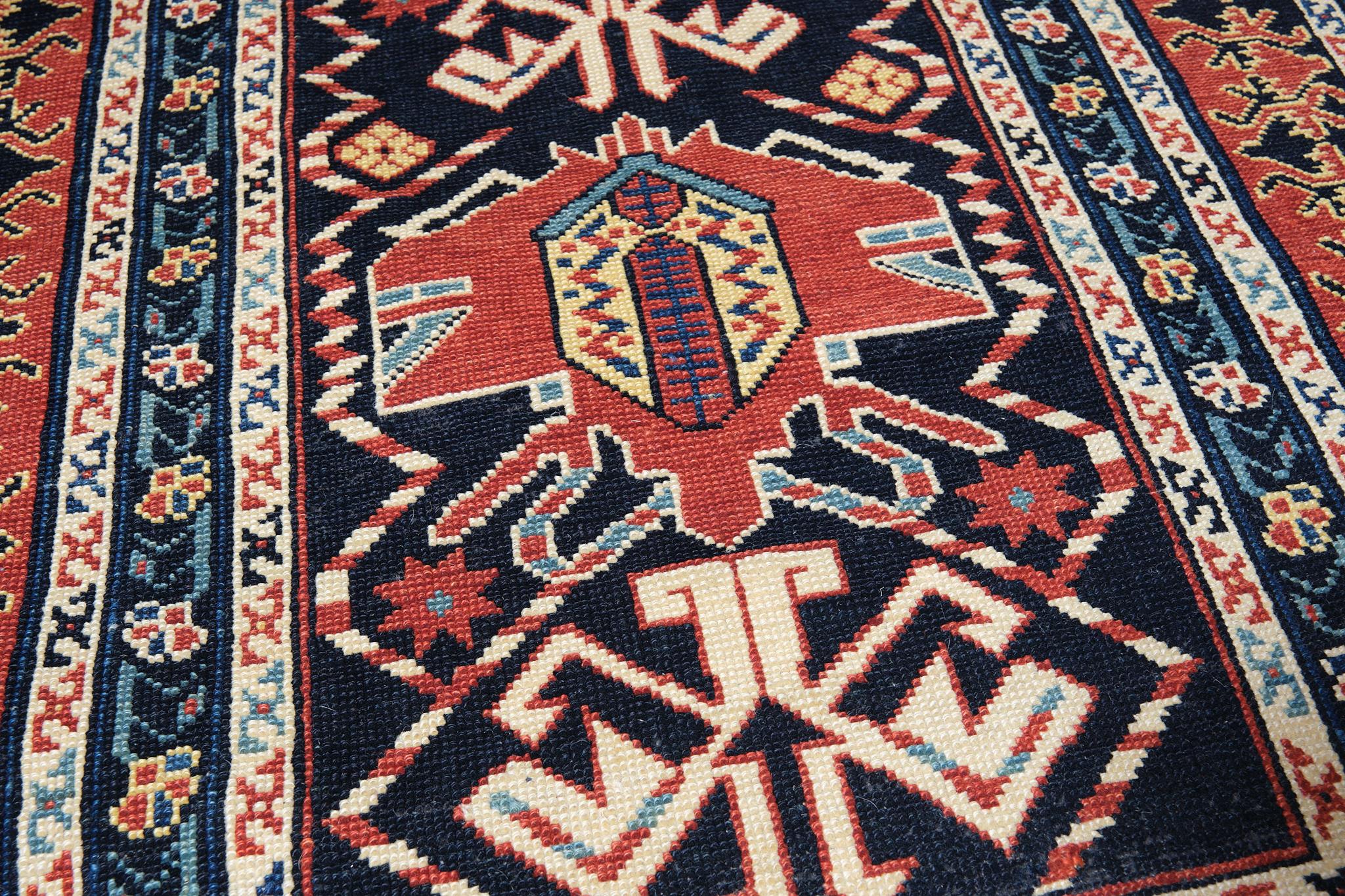 The source of the rug comes from the book Oriental Rugs Volume 1 Caucasian, Ian Bennett, Oriental Textile Press, Aberdeen 1993, pg.244. This is a single vertical palmette design rug from the early 19th century, Kuba region, Caucasus area. This is an