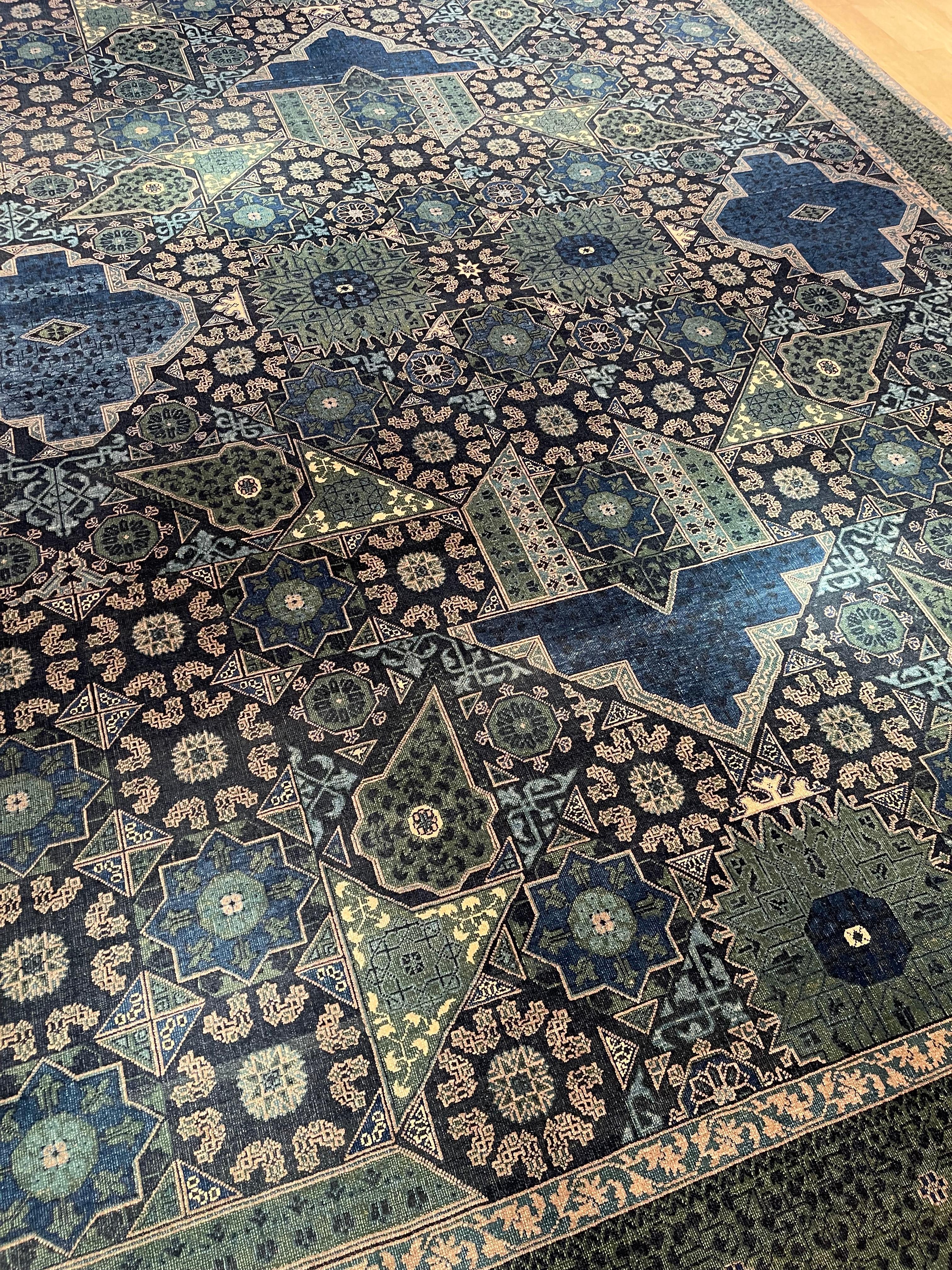 The source of the rug comes from the book Völker, Angela, Die orientalischen Knüpfteppiche das MAK, Vienna: Böhlau, 2001: 42–5. This rug with the central star was designed in the early 16th century rug by Mamluk Sultane of Cairo, Egypt. It is