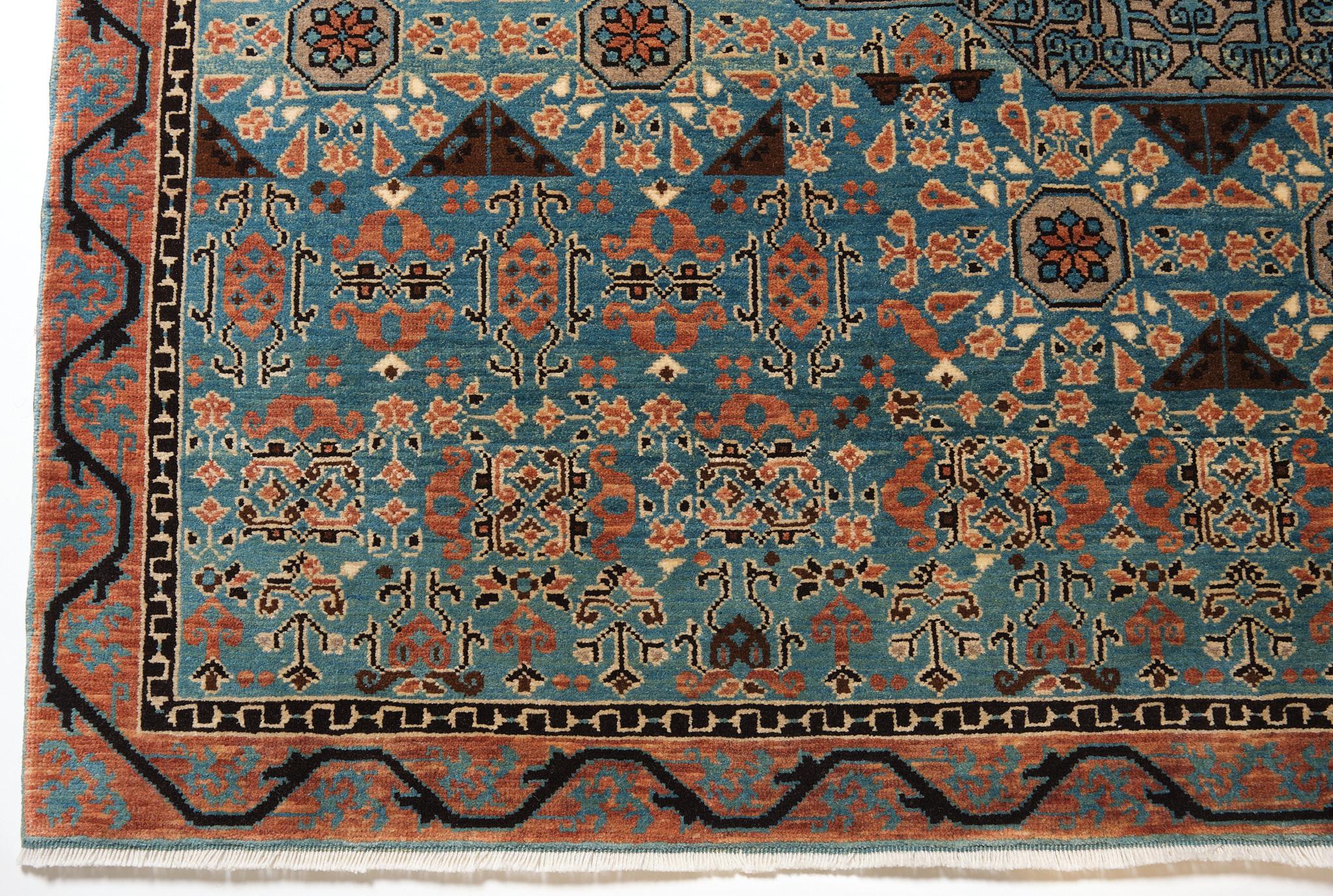 The source of rug comes from the David Collection, Copenhagen. This rug with the Cusped Medallion was designed in the early 16th-century rug by Mamluk Sultane of Cairo, Egypt. Once in the Hirth Collection, and later with Ulrich Schürmann in 1965,