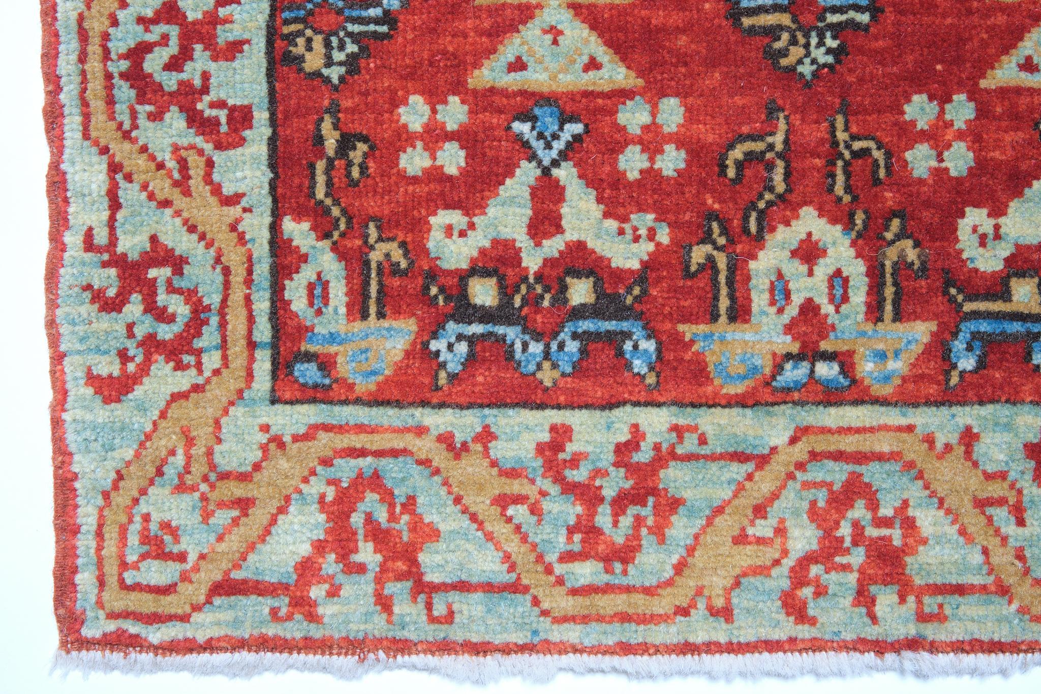 The source of the rug comes from the possession of Endre Unger, which was sold at Sotheby’s in 1992. That rug with the central star was designed in the early 16th-century rug by Mamluk Sultane of Cairo, Egypt. The interpreted design is composed of