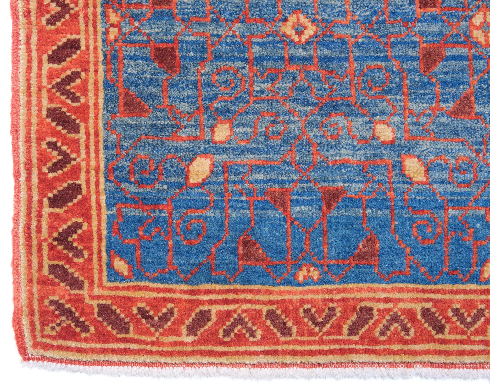 The source of rug comes from the possession of Endre Unger, which was sold at Sotheby’s in 1992. That rug with the central star was designed in the early 16th-century rug by Mamluk Sultane of Cairo, Egypt. The interpreted design is composed of
