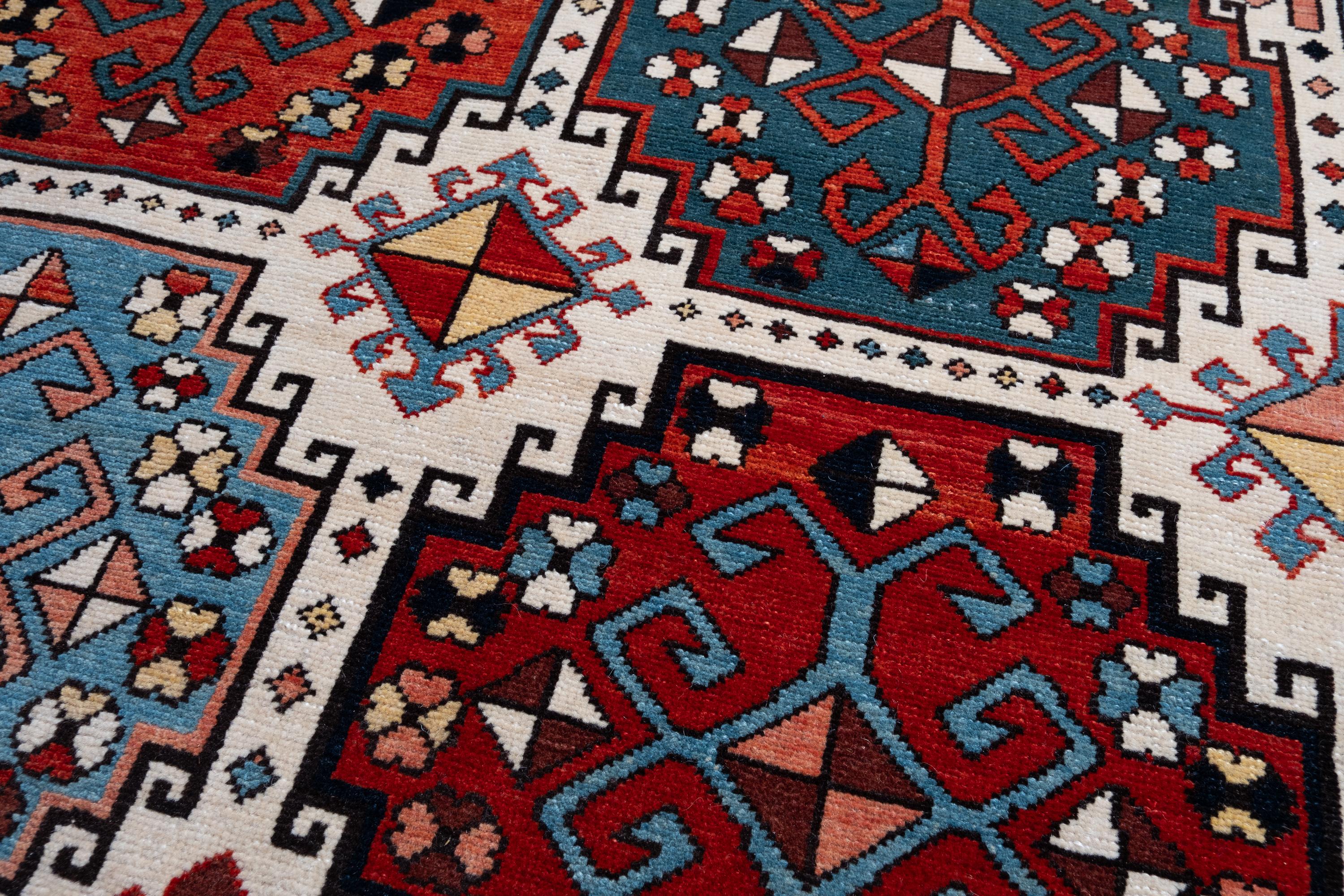 Turkish Ararat Rugs Memling Gul Kazak Rug, 19th C Caucasian Revival Carpet Natural Dyed For Sale