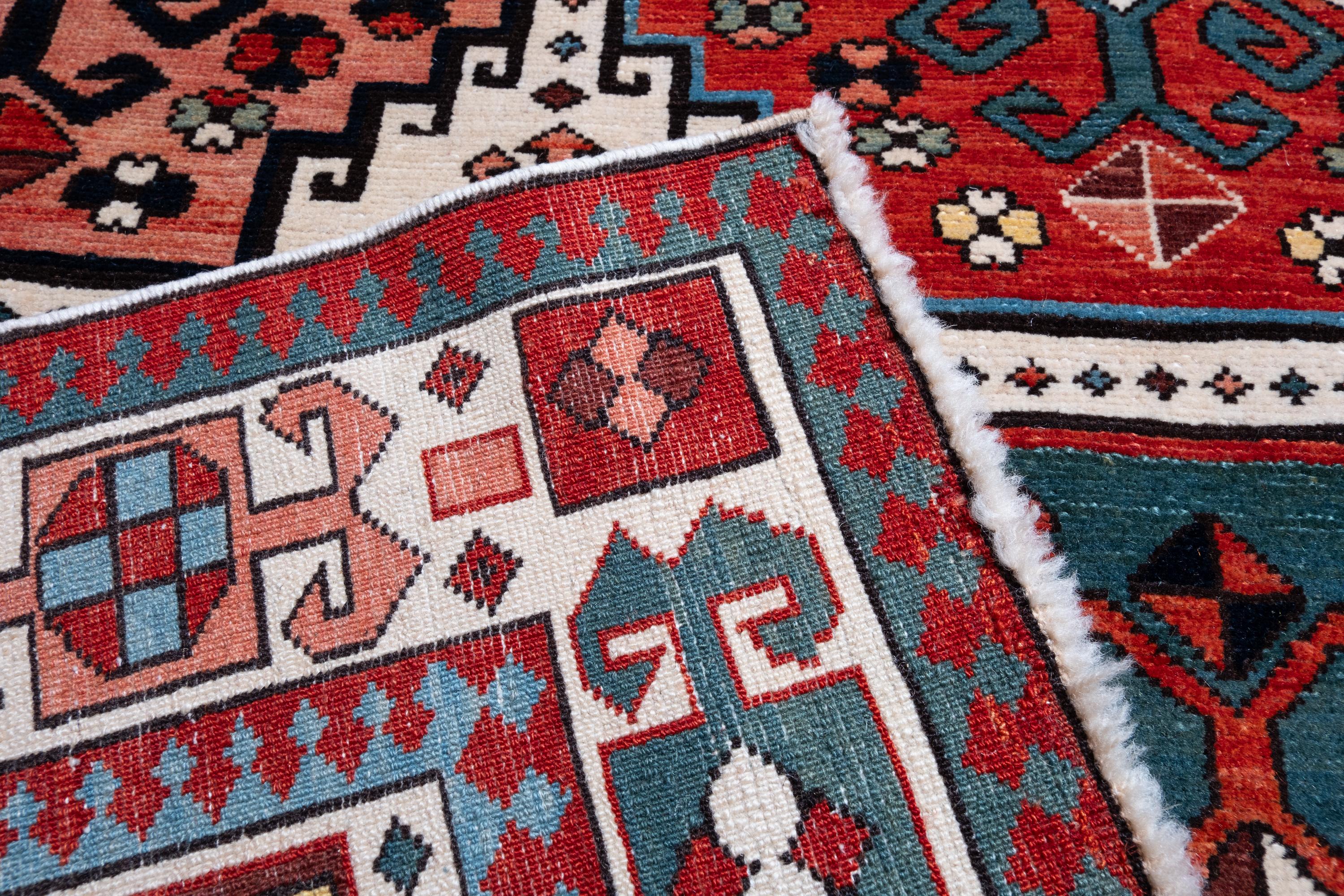 Vegetable Dyed Ararat Rugs Memling Gul Kazak Rug, 19th C Caucasian Revival Carpet Natural Dyed For Sale