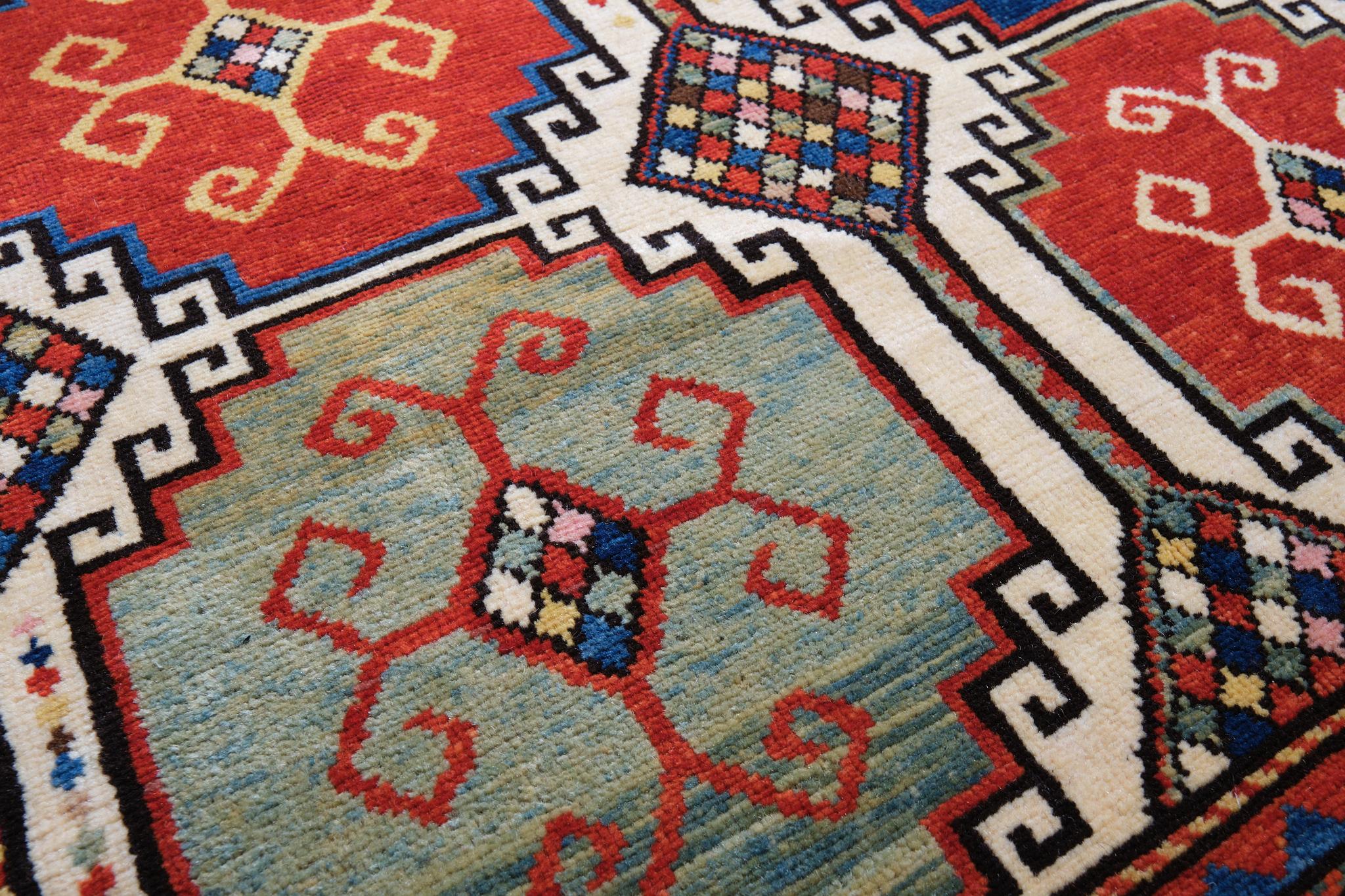 Vegetable Dyed Ararat Rugs Memling Gul Kazak Rug, 19th C Caucasian Revival Carpet Natural Dyed For Sale