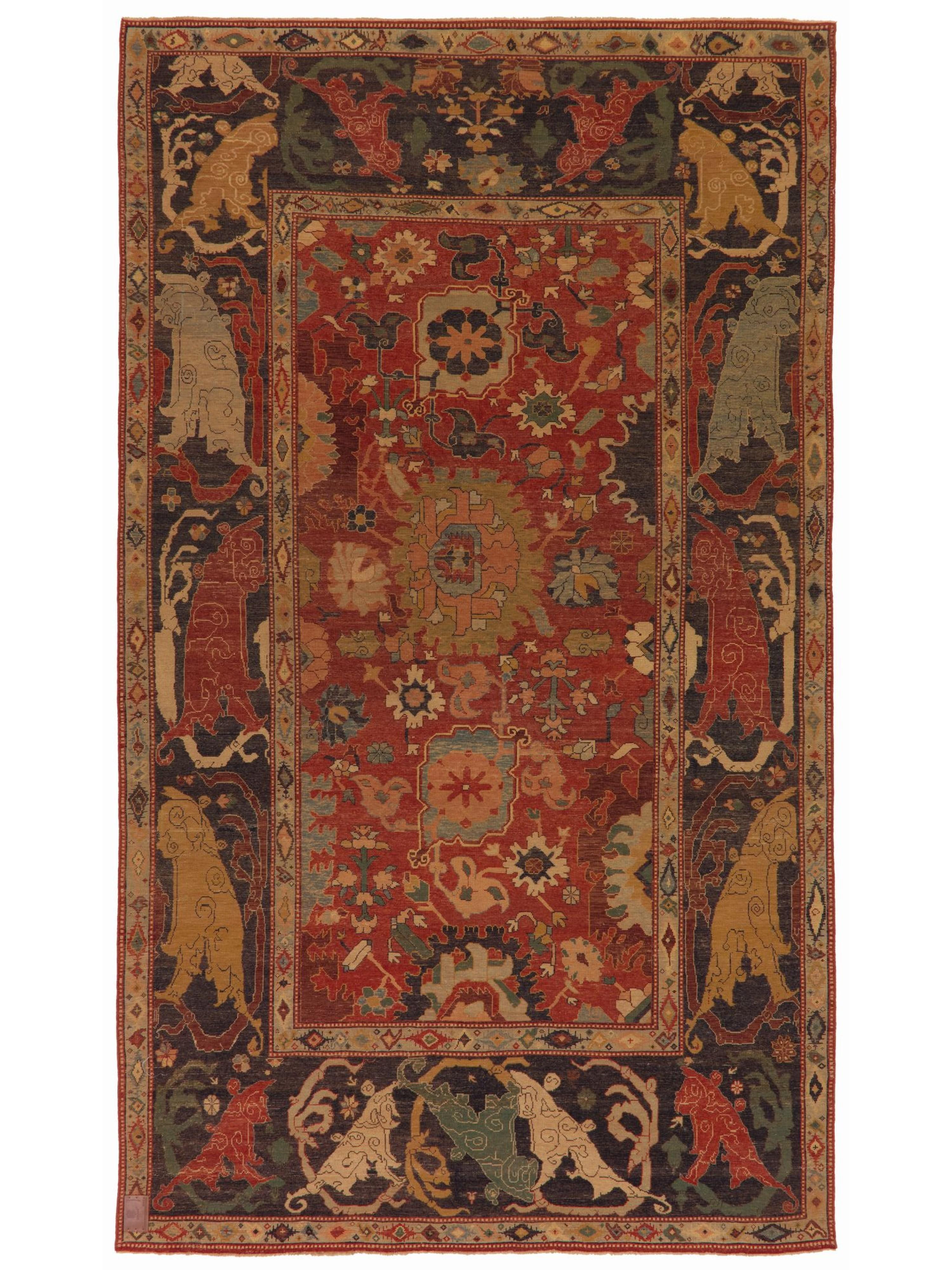 This offset pattern is composed of palmettes and flowers, one has the impression that it is only part of a larger scheme designed for 19th-century rugs from the Bidjar region, Eastern Kurdistan area. Very similar palmettes, drawn in a curvilinear