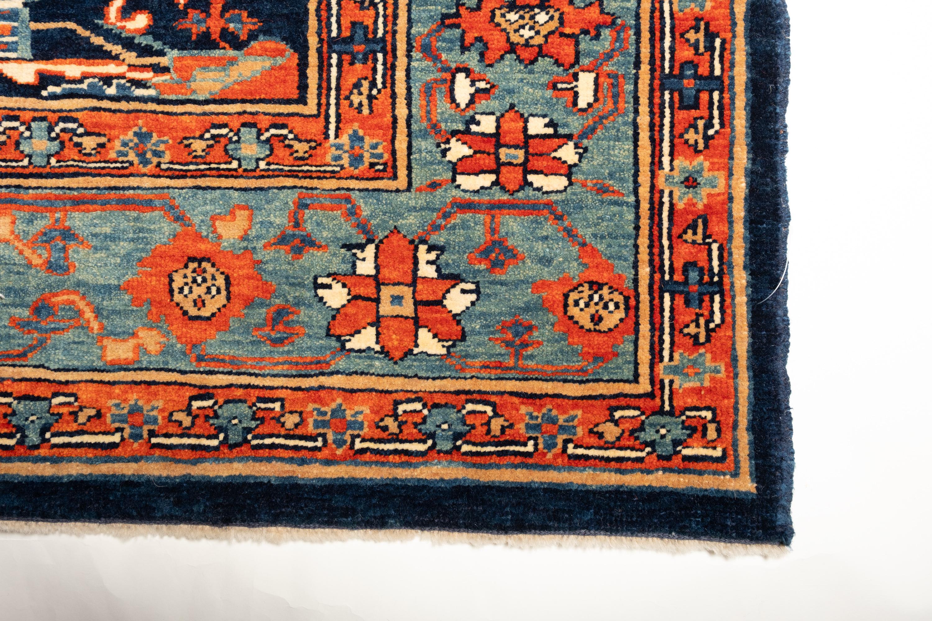 This is a white ground rug designed in the 19th century, from the Heriz region, Northwest Persia area. Heriz ( Heris ) is a special Turkish knot weaving area of Persia, including many villages, located east of Tabriz in northwest Persia. Weaving has