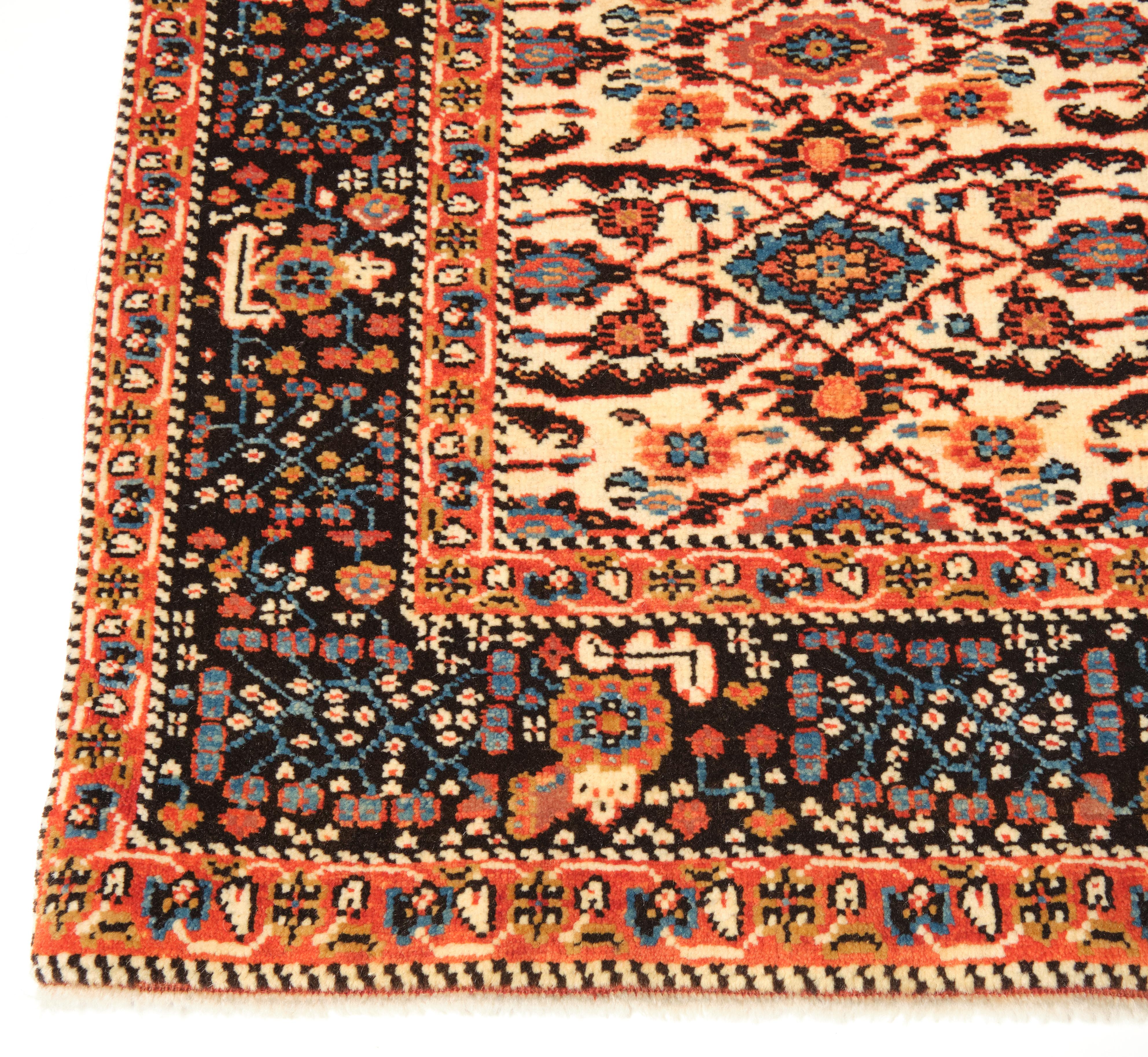 The source of the rug comes from the book Antique Rugs of Kurdistan A Historical Legacy of Woven Art, James D. Burns, 2002 nr.29. This white background rug is associated with bridal dowry weavings from Senna, Eastern Kurdistan area early 19th