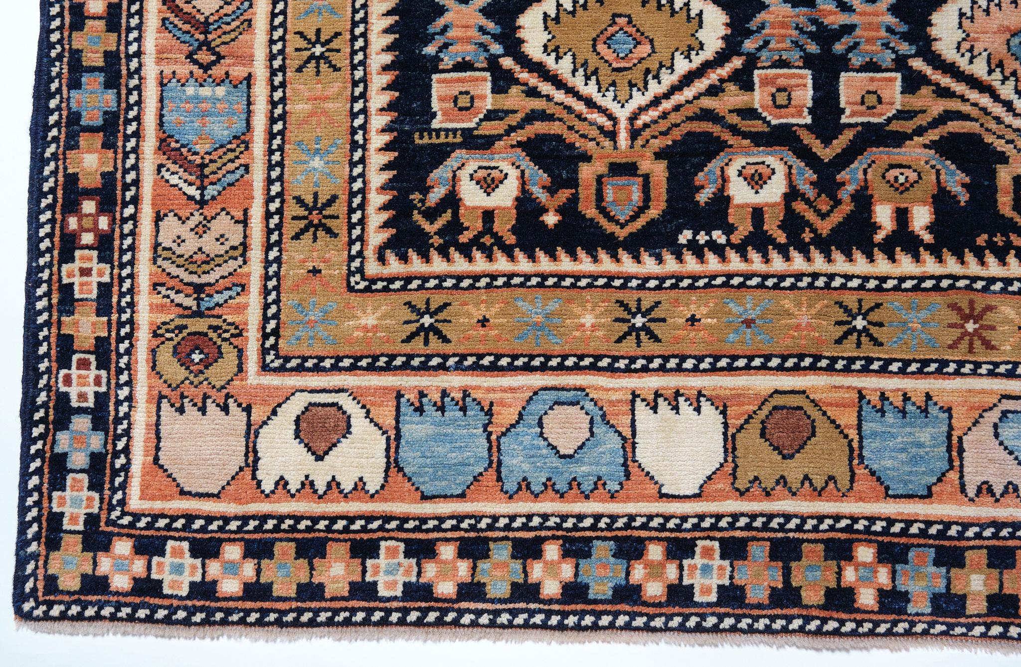 This is an unusual stylized version of the Caucasian shield-like palmettes design rug from the late 19th century, Shirvan region, Caucasus area. Shirvan is one of the principal weaving areas of the Caucasus, stretching from the central east coast