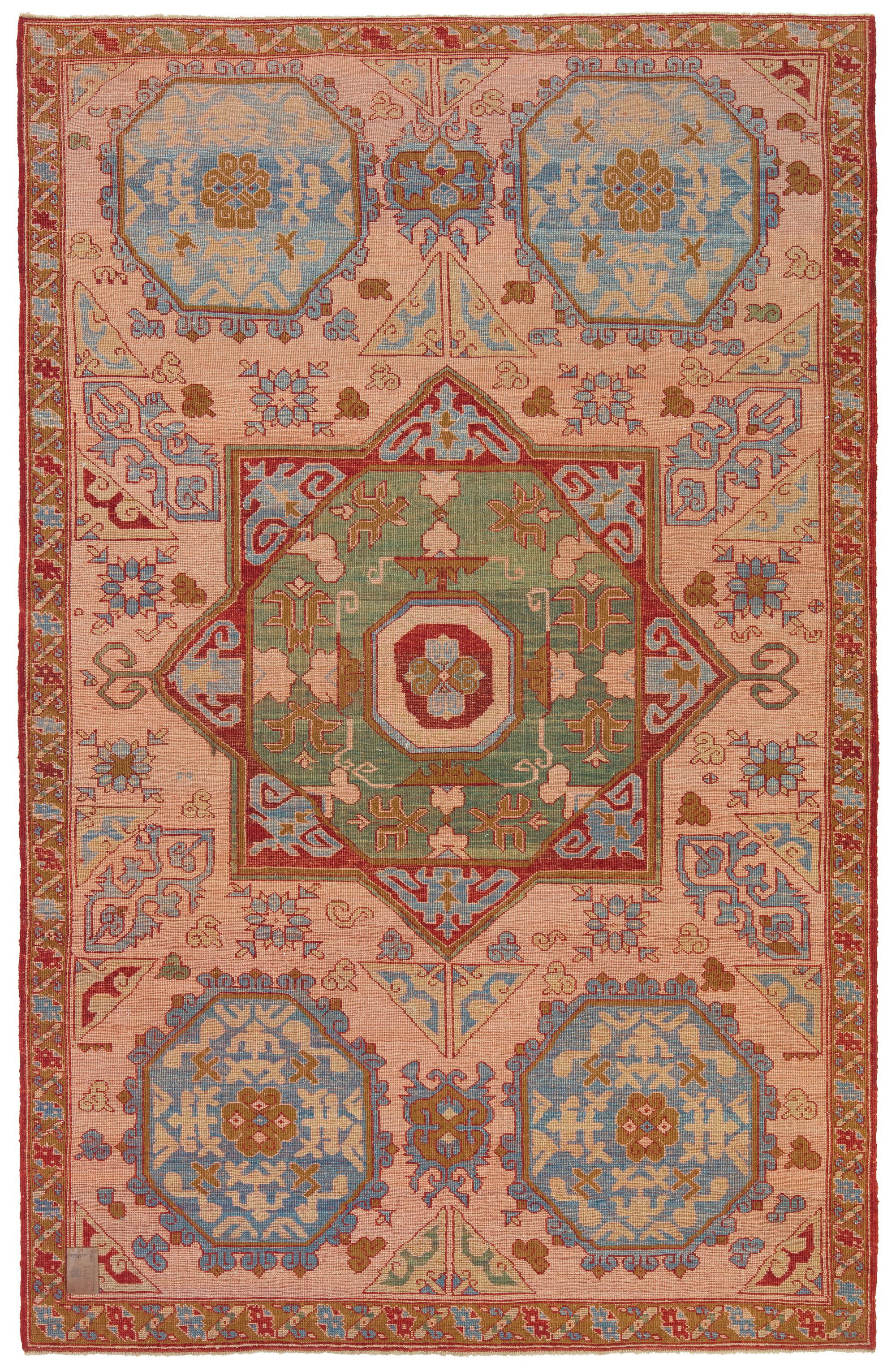 The source of carpet comes from the book Orient Star – A Carpet Collection, E. Heinrich Kirchheim, Hali Publications Ltd, 1993 nr.161. This exceptionally elegant and unusual central octagon figure is enclosed by an eight-pointed star-design