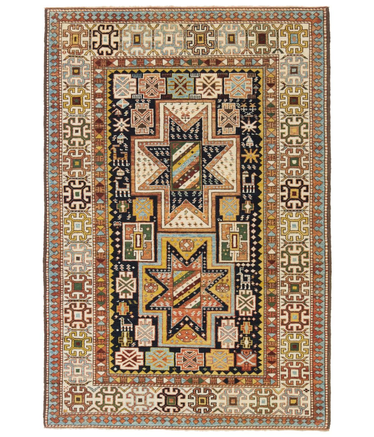 This is a large stellar medallion with stripes in a cruciform border design rug from the 19th century, Shirvan region, Caucasus area. In the field, two large star medallions are covered with geometric, floral, with guarding animal decorations. It is