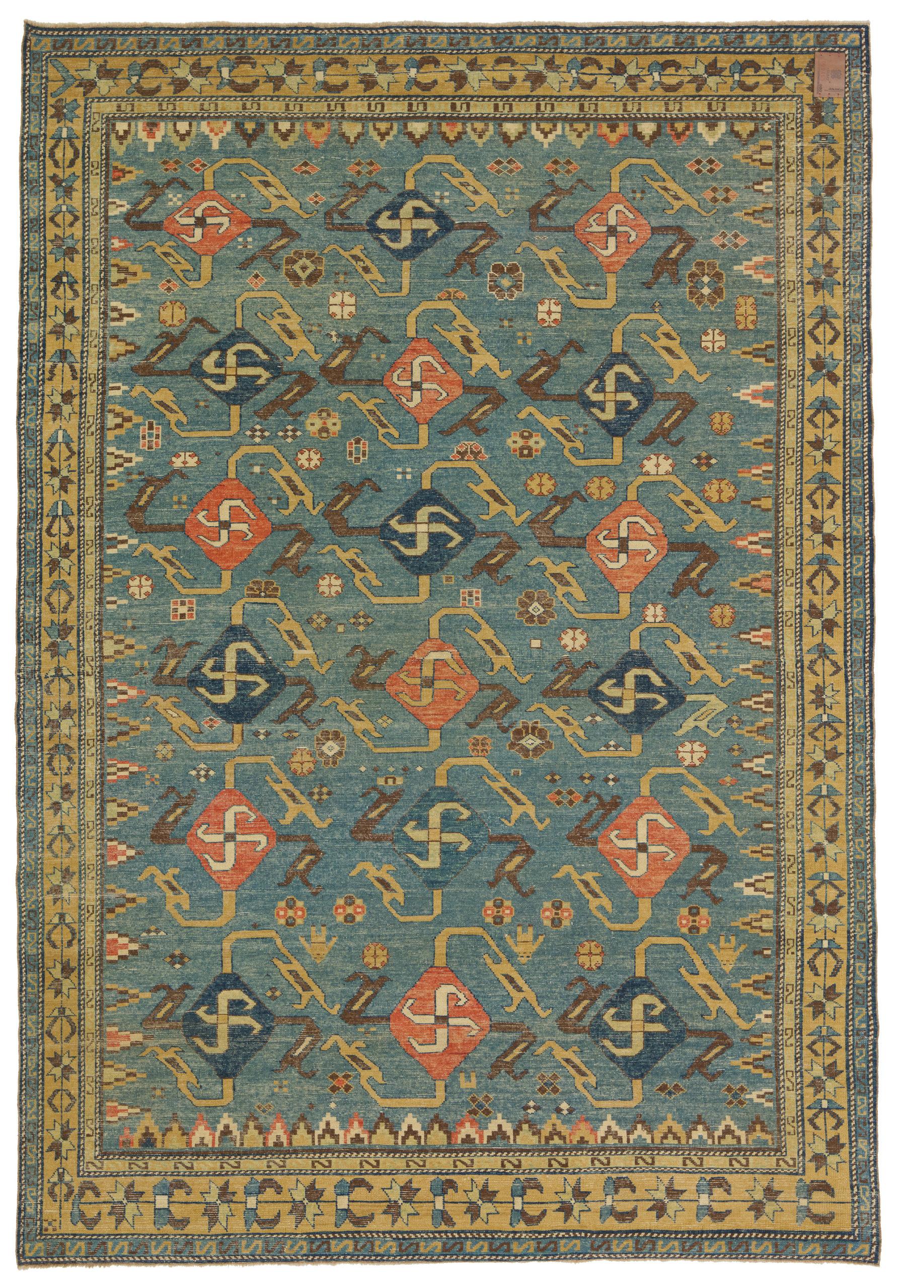 The source of rug comes from the book Orient Star – A Carpet Collection, E. Heinrich Kirchheim, Hali Publications Ltd, 1993 nr.17. This is a remarkable and very unusual swastika designed early 19th-century rug from the Central Caucasia area. This