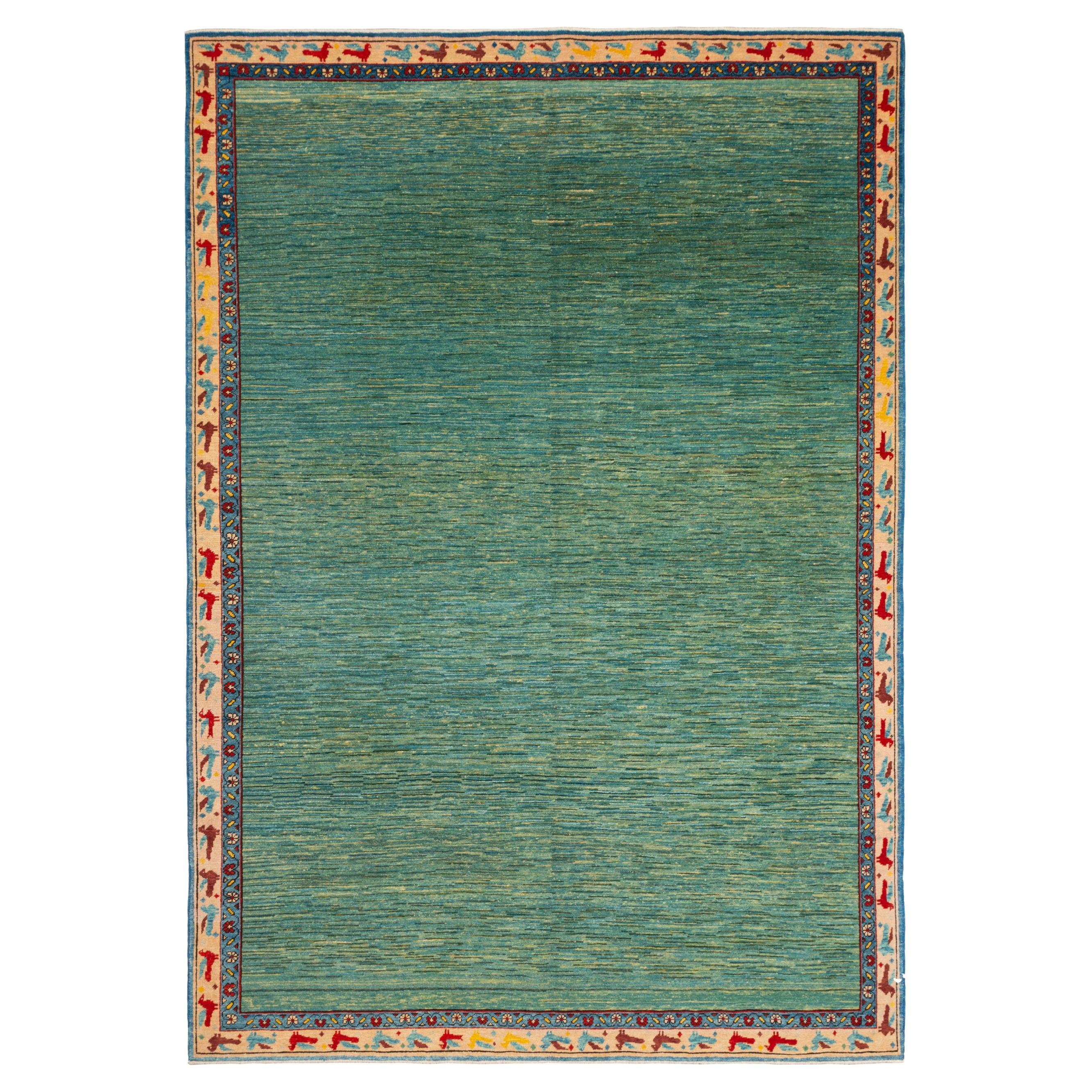 Ararat Rugs the Green Color Rug, Modern Impressionist River Carpet Natural Dyed For Sale