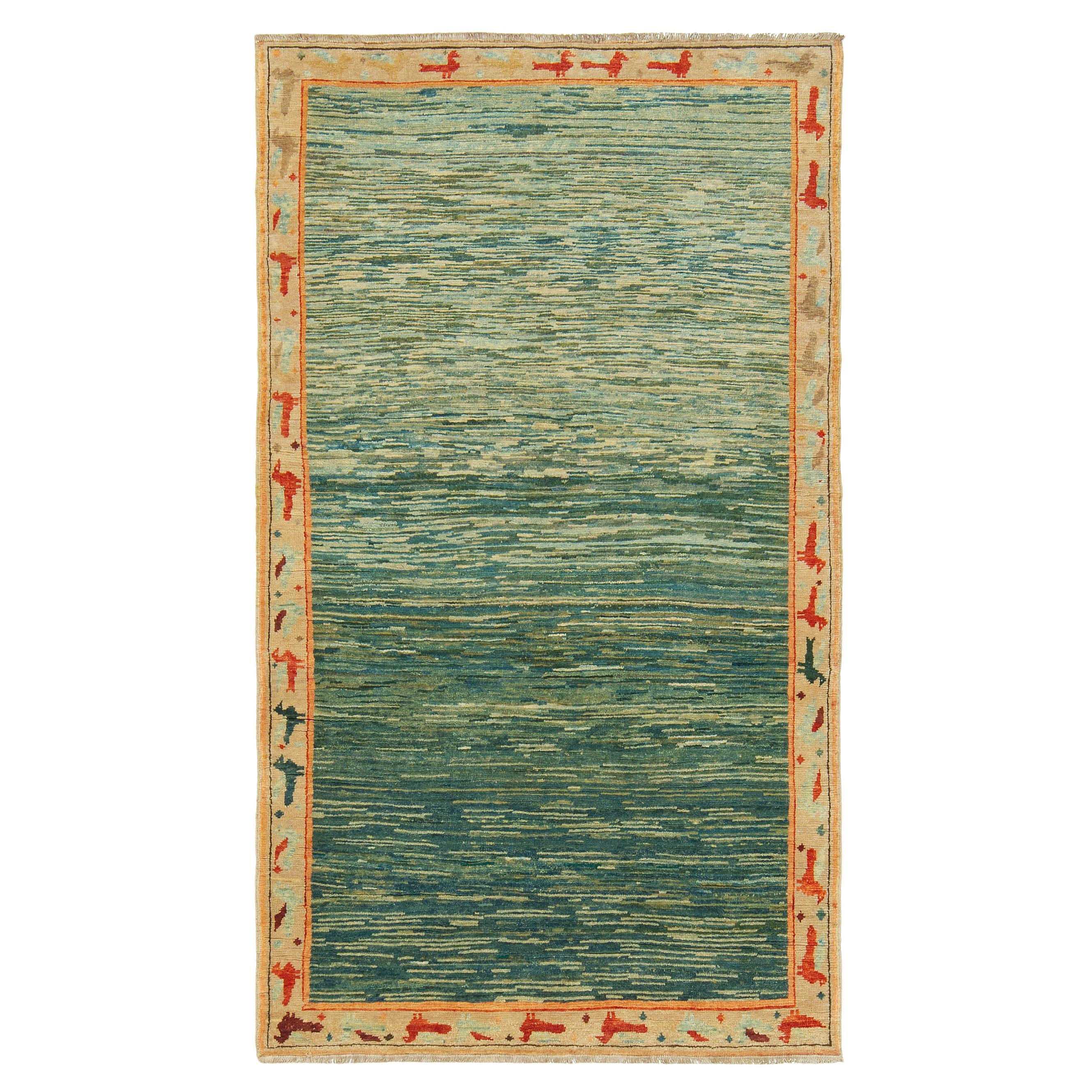 Ararat Rugs the Green Color Rug, Modern Impressionist River Carpet Natural Dyed For Sale