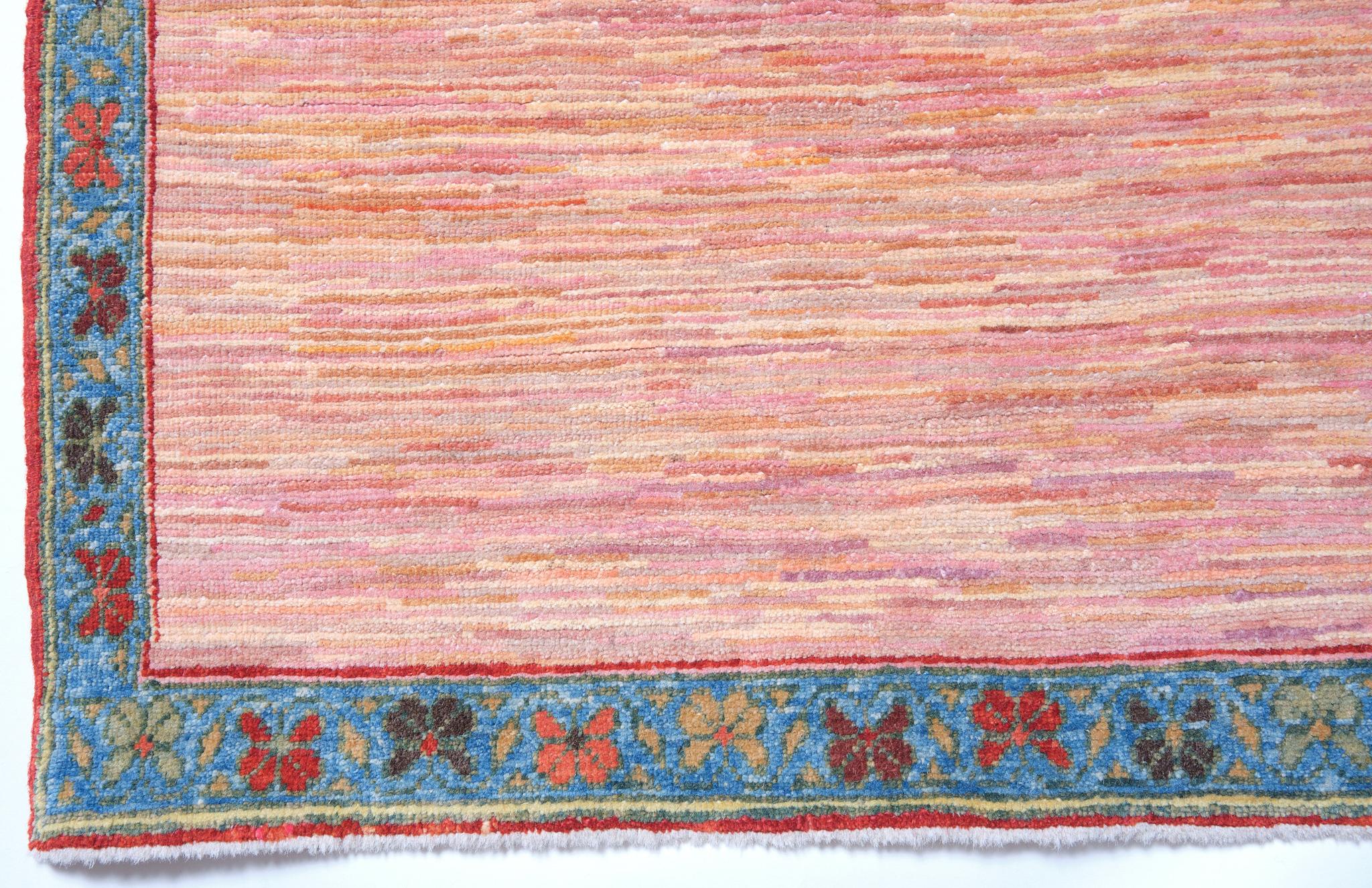 This unique design rug is interpreted by our designers with a mixture of Ararat Rugs’ soft tone natural dyed hand-spun yarns.

Color summary: 10 colors in total, most used 4 colors are;
Mixture of Our Pink Colors
Russian Green 418 (Henna –