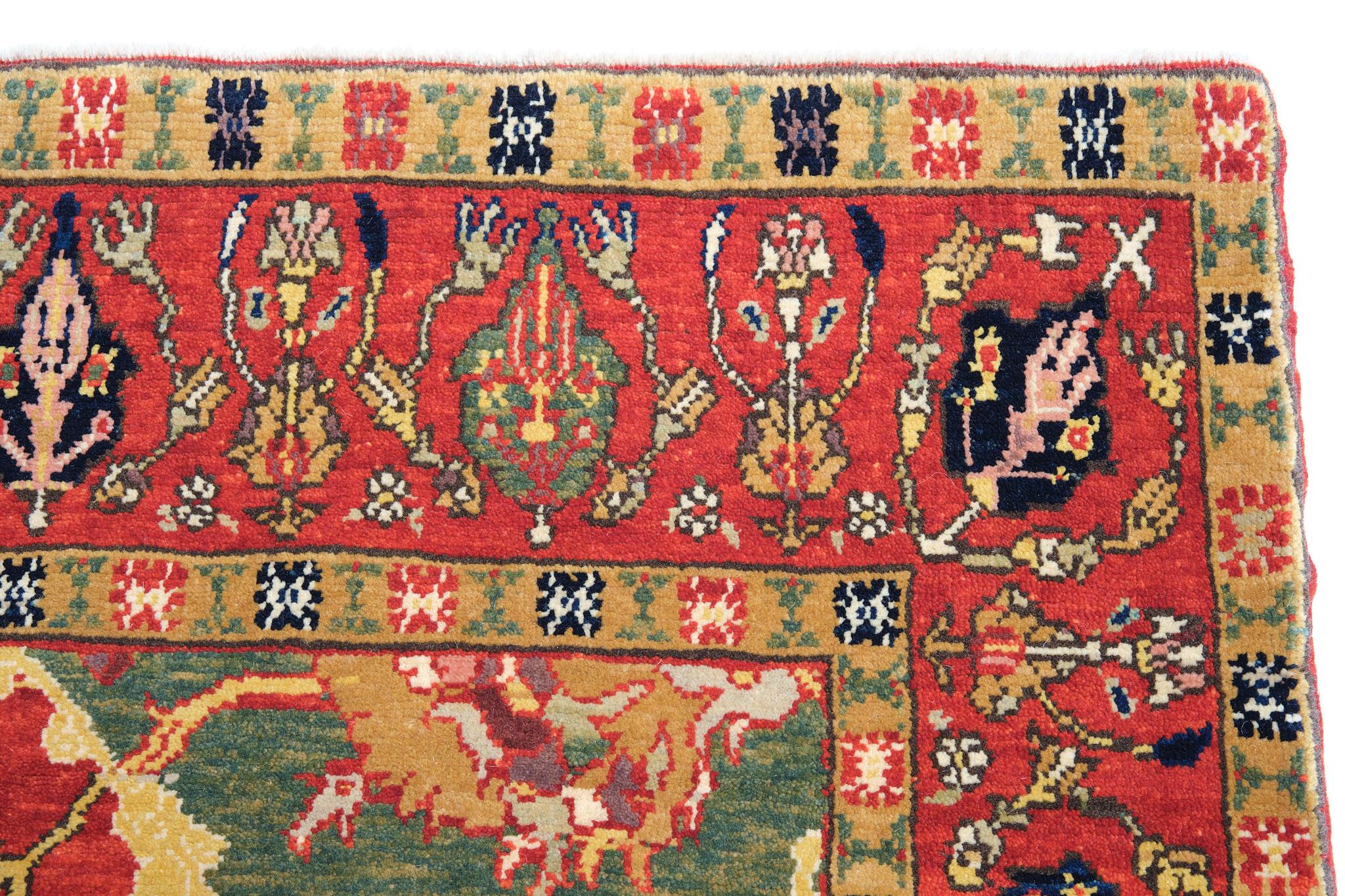Turkish Court Manufactury Rugs were woven in the Egyptian workshops founded by Ottoman Empire in the 16th century. Those carpets were woven in Egypt, following the paper cartoons probably created in Istanbul and sent to Cairo then.
The source of