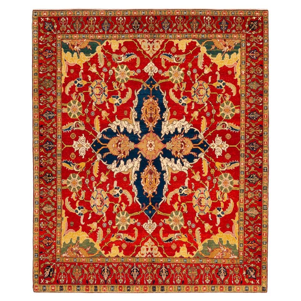 Navy Blue and Ivory Antique Turkish Oushak Rug with Vertical Geometric ...