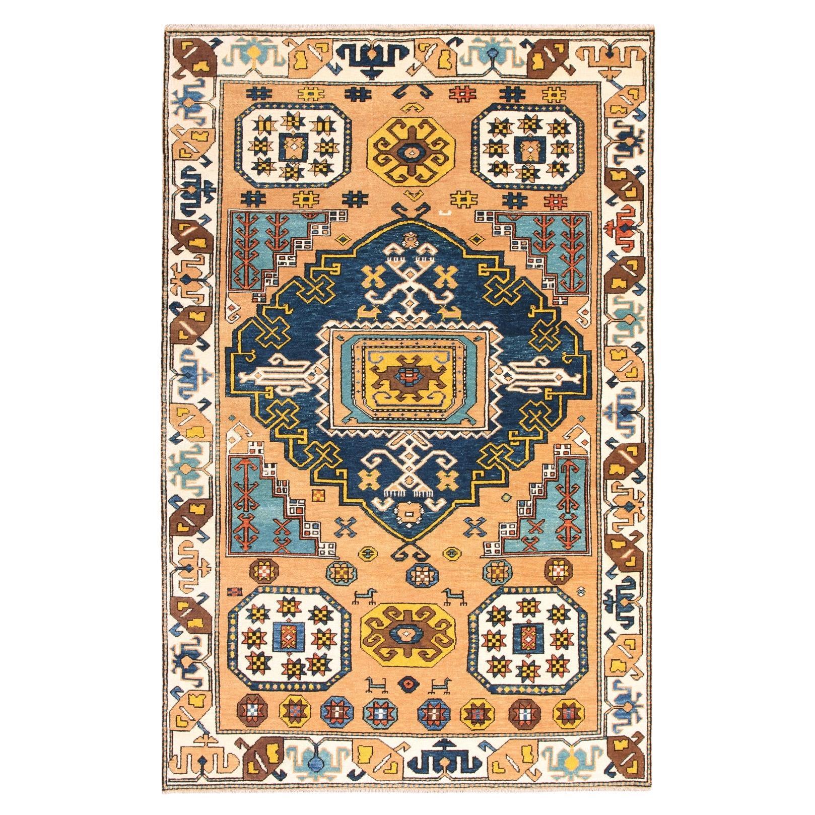 Ararat-Teppich mit Dorfteppich und Medaillon, Anatolischer Revival-Teppich, natürlich gefärbt
