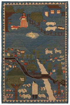 Ararat Rugs Village Theme Azeri Folk Life Rug, Turkish Pictorial Natural Carpet