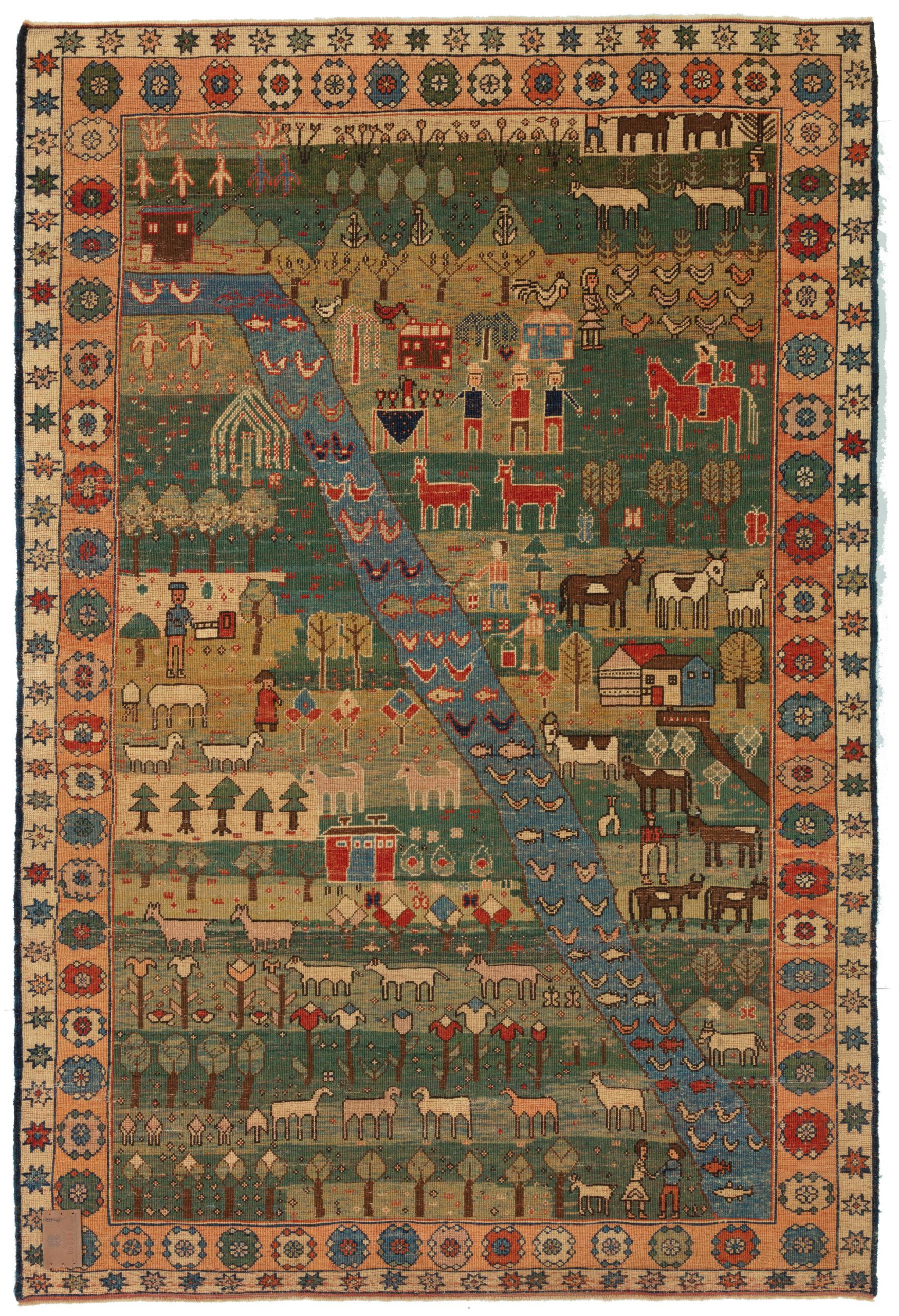 This unique design rug is interpreted by our designers with a composition of pictorial village life.

Color summary:  11 colors in total;
Yellow Green 419 (Henna – Indigo)
Pine Tree  420 (Henna – Indigo)
Natural Wool Color  320 (Specially
