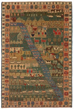 Ararat Rugs Village Theme Azeri Folk Life Rug, Turkish Pictorial Natural Carpet