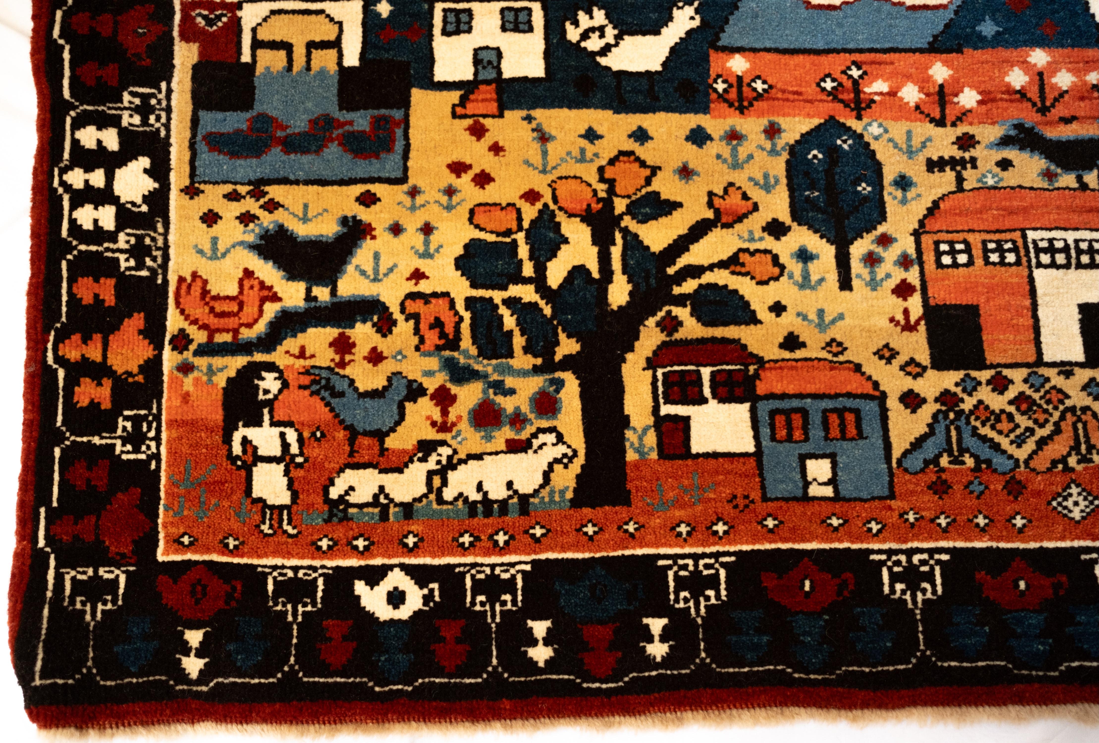 Turco Tappeto turco a tema villaggio di Ararat Rugs, tappeto azero, tinto naturale in vendita