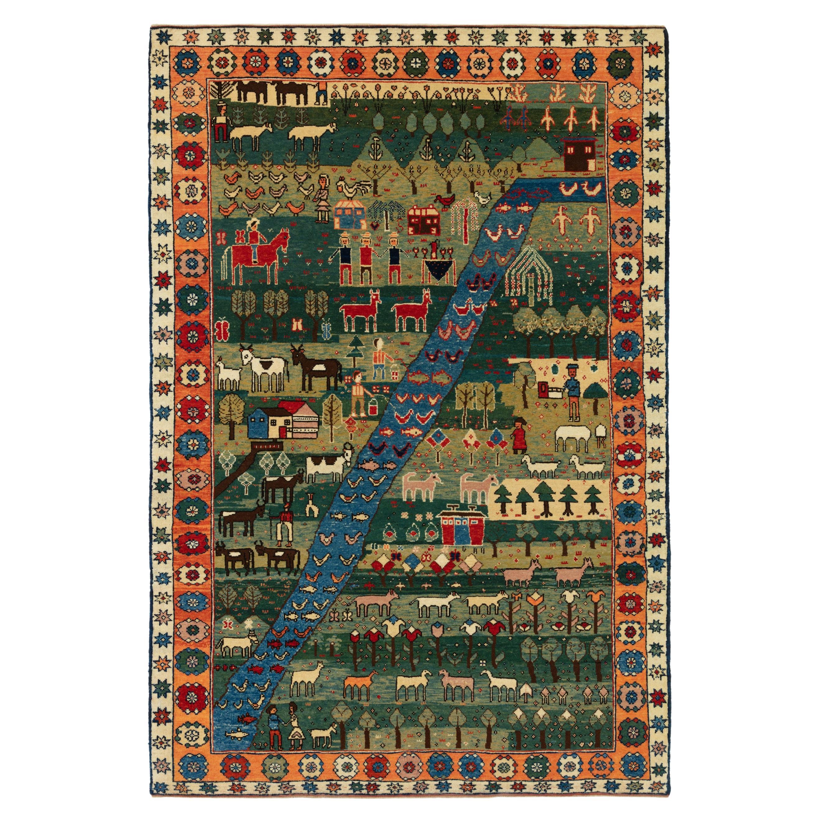Ararat Rugs Tapis de vie folklorique azéri à thème villageois, tapis turc, teinté dans la masse