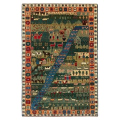 Ararat Rugs Village Theme Azeri Folk Life Rug, Turkish Carpet, Natural Dyed