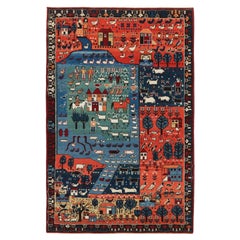 Ararat Rugs Tapis de vie folklorique azéri à thème villageois, tapis turc, teinté dans la masse
