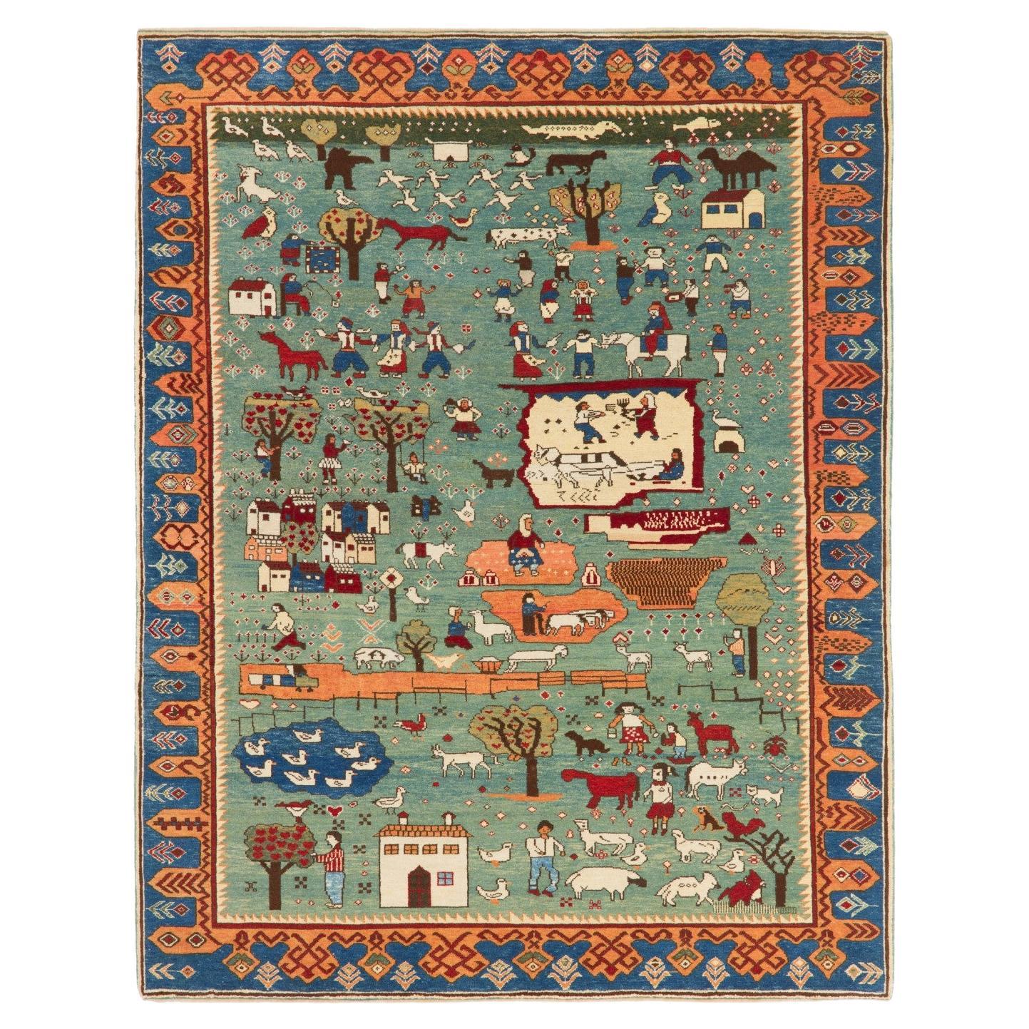 Ararat Rugs Tapis de vie folklorique azéri à thème villageois, tapis turc, teinté dans la masse