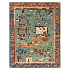 Ararat Rugs Village Theme Azeri Folk Life Rug, Turkish Carpet, Natural Dyed